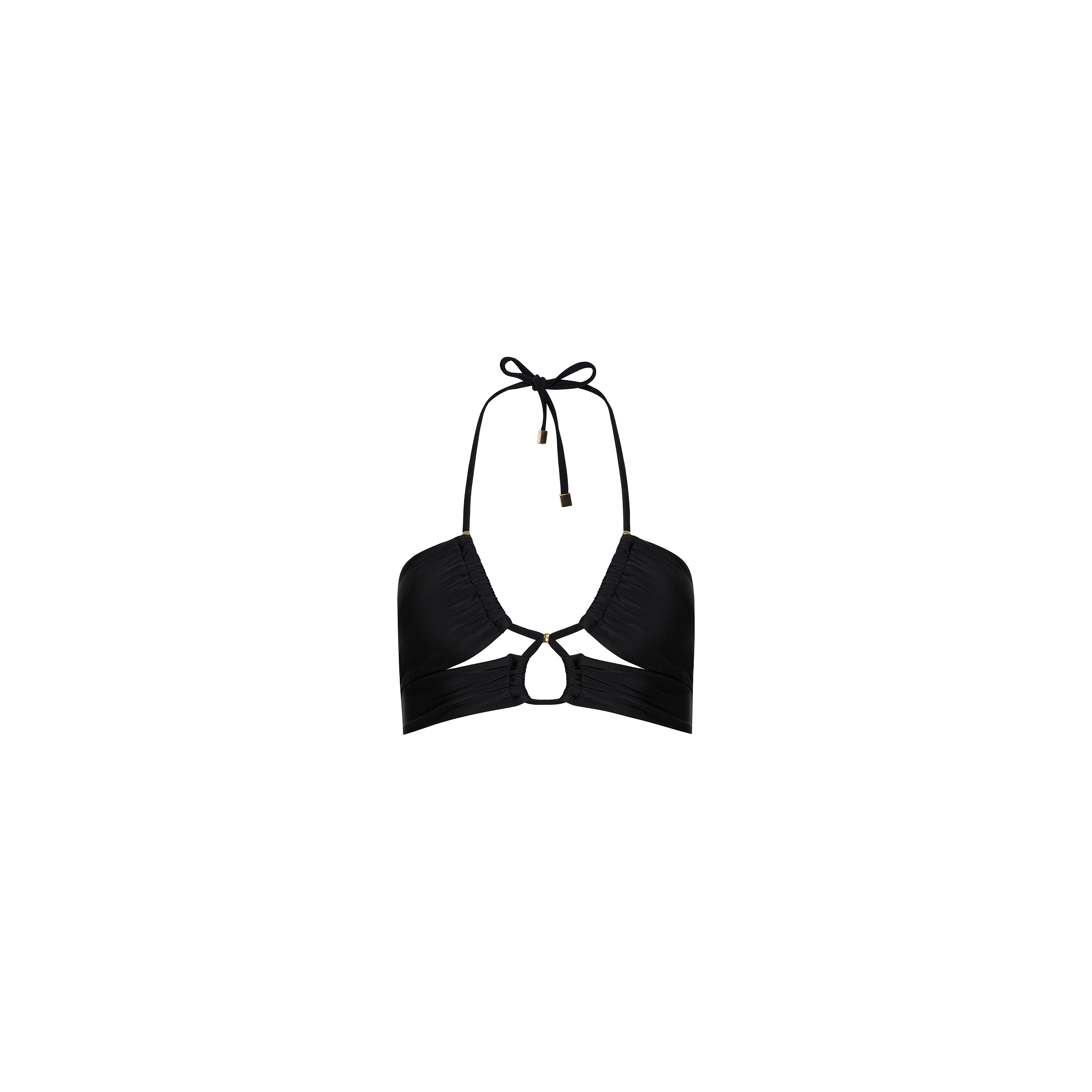 Sirena Halter Bikini Top in black, featuring ruched cups, a center keyhole cutout, and a thin tie at the neck, shown against a plain white background.