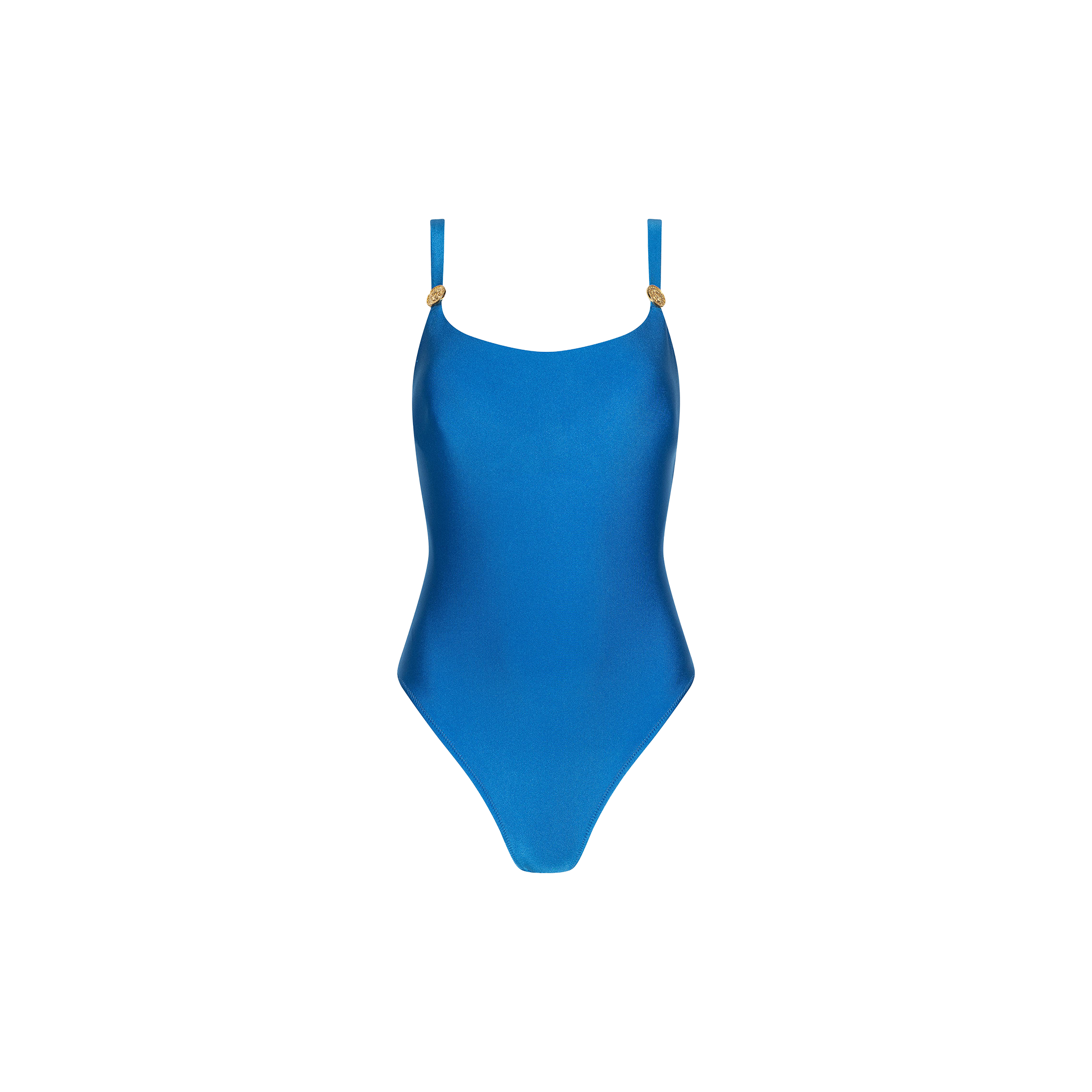 The Remi One-Piece Swimsuit features a vibrant blue hue, thin adjustable straps, gold ring accents at the front, and a flattering high-leg cut, shown against a plain white background.