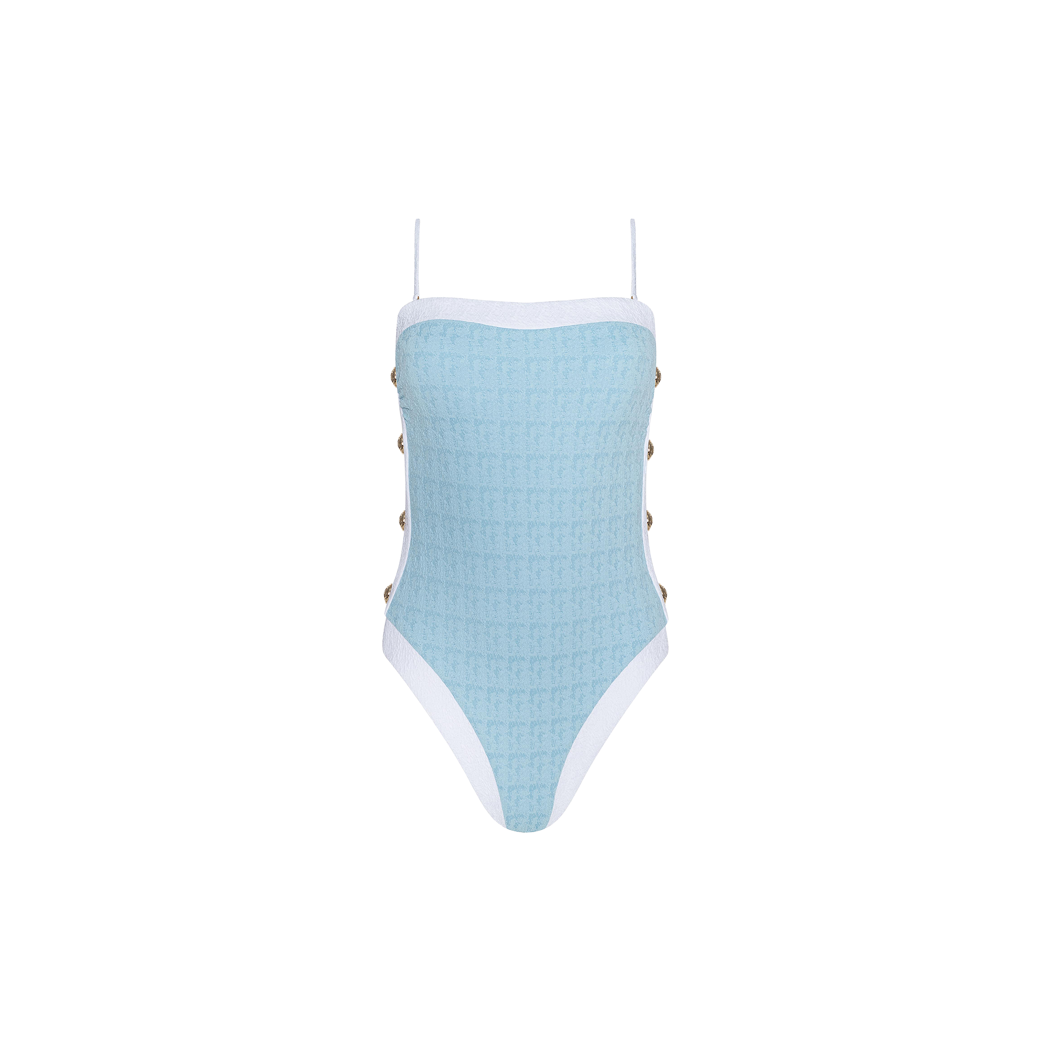 The Tory Bandeau One-Piece Swimsuit features a light blue textured bouclé fabric with white trim, thin adjustable straps, and side button details, displayed against a plain white background.