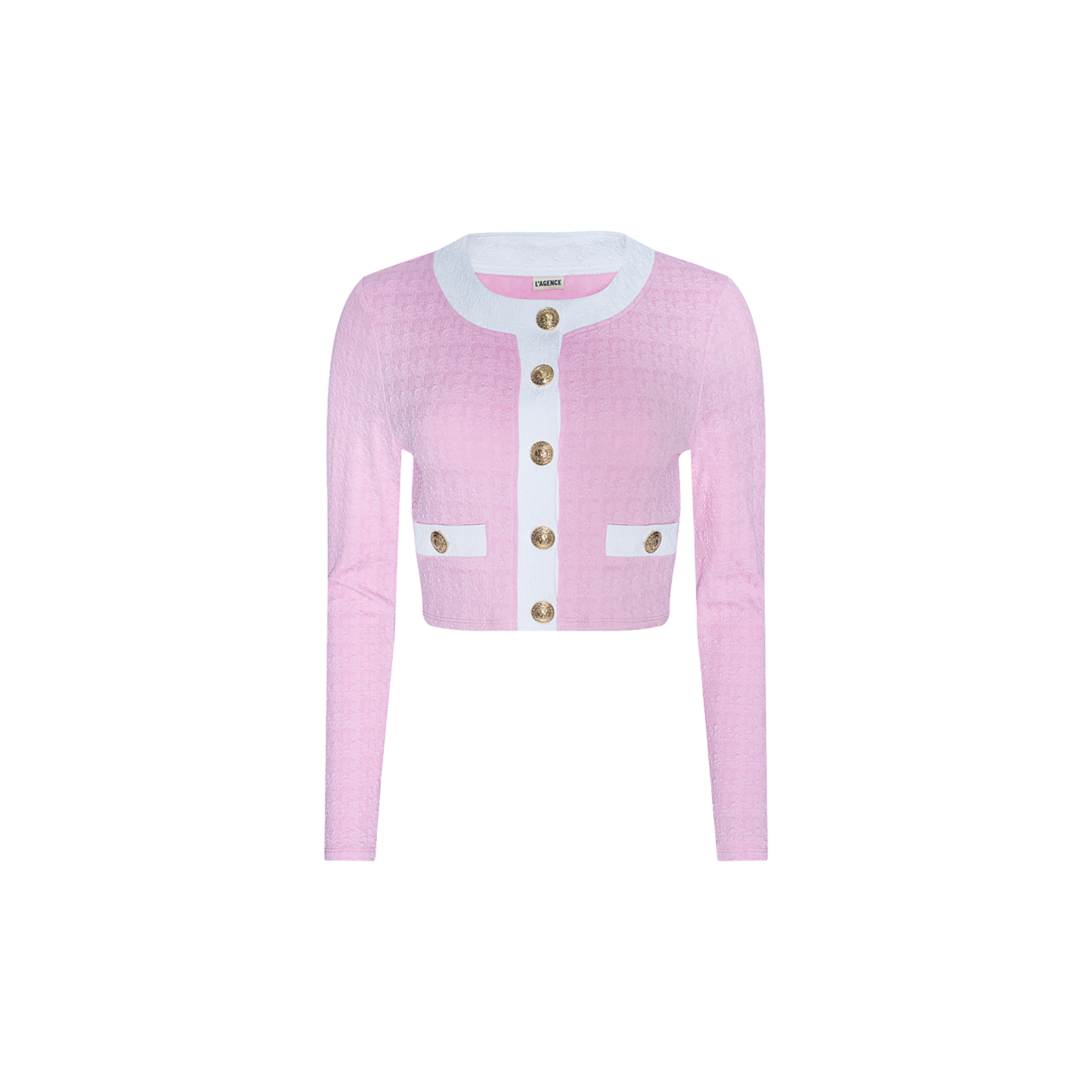 The Adaline Cardigan Cover-Up, a pink cropped cardigan featuring long sleeves, white trim, gold buttons, and two front pockets, makes for a stylish swimsuit cover-up—ideal for transitioning from beach to boat. Shown on a white background.