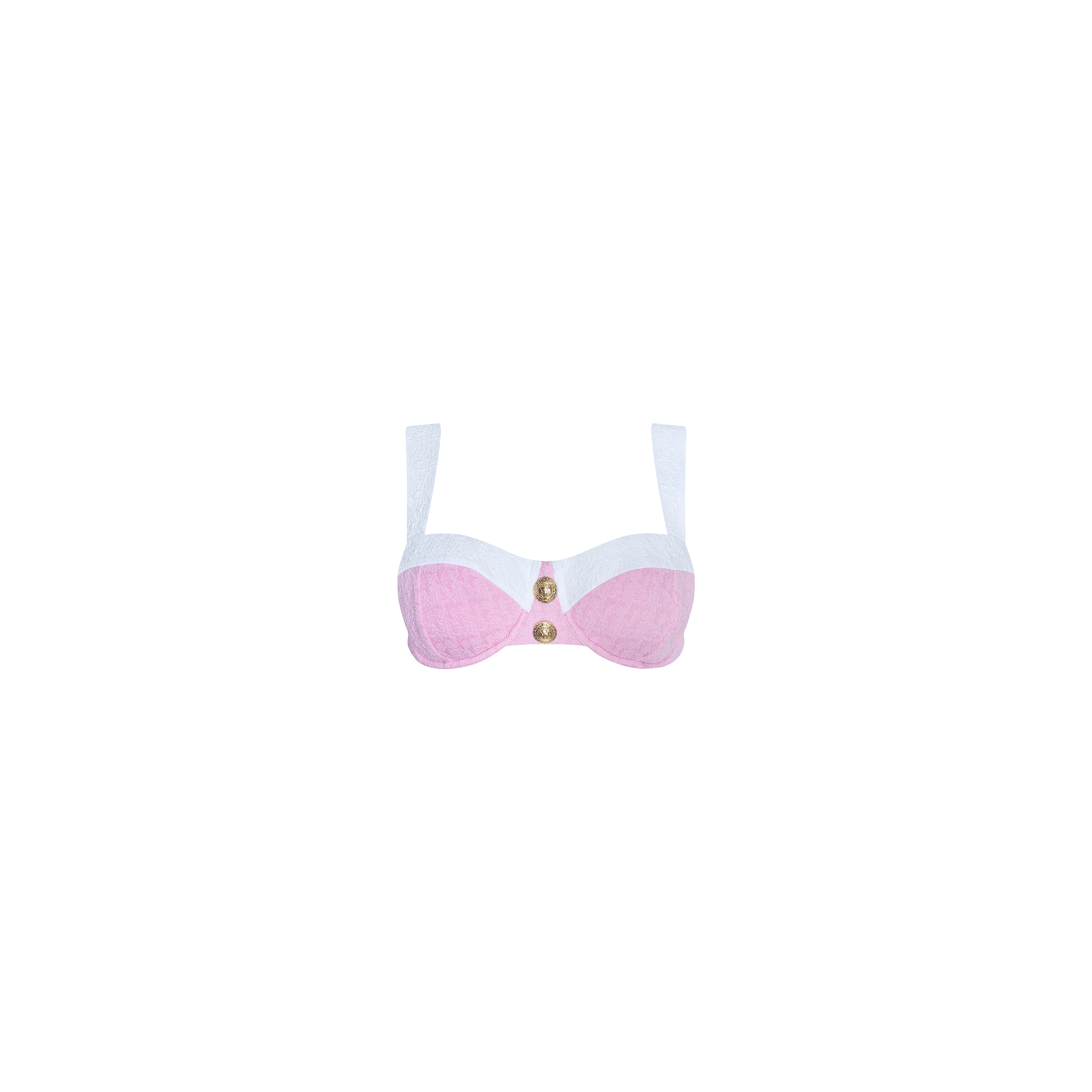 The Alexandria Bikini Top is a pink and white balconette bikini top with underwire support, featuring two gold decorative buttons at the center and crafted from textured bouclé fabric, displayed against a plain white background.