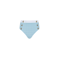 The Vanessa High-Waisted Bikini Bottom is crafted from bouclé swim fabric in light blue, featuring a supportive high-waisted fit, a white waistband, and four decorative gold buttons on the front. It offers moderate coverage and is displayed on a plain white background.