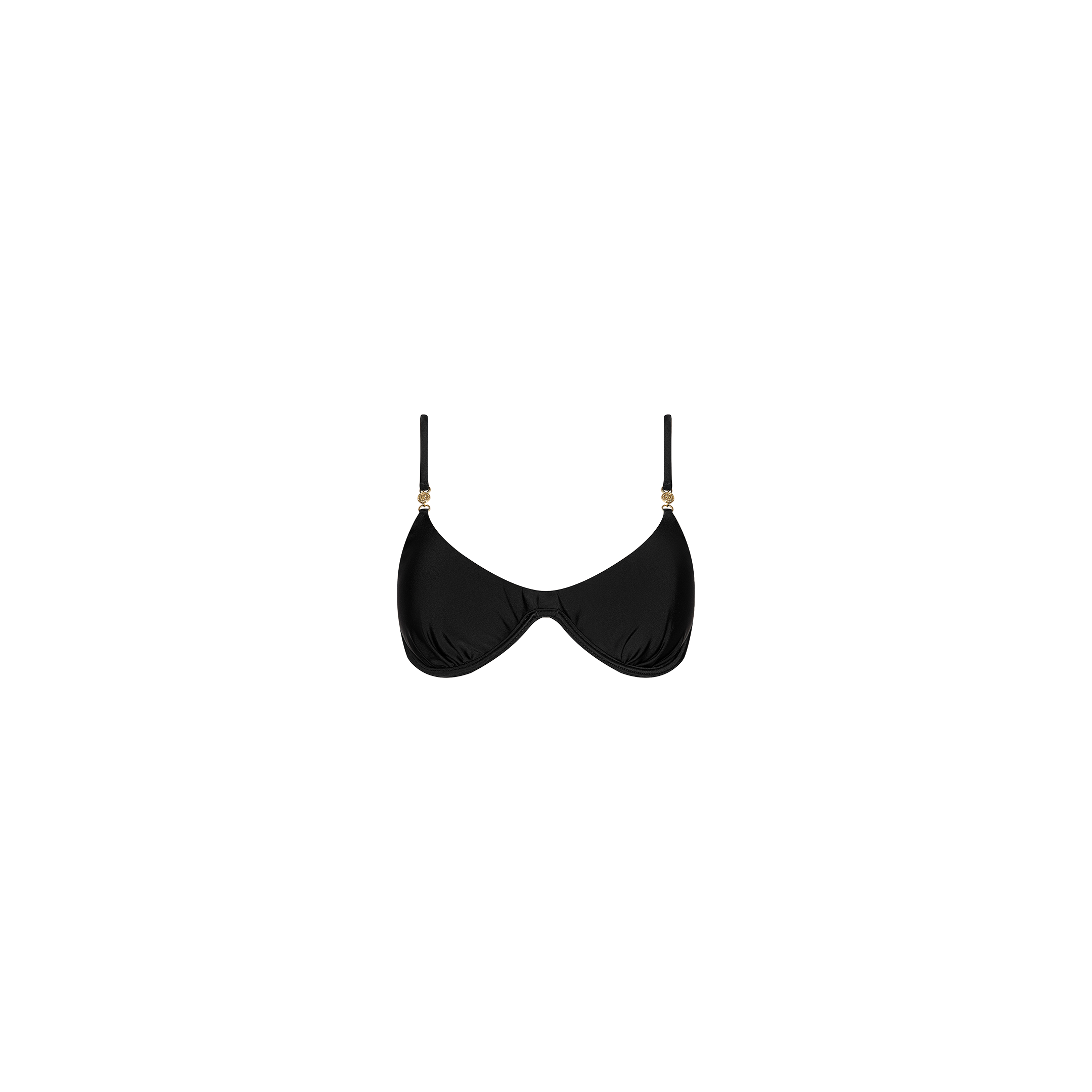 The Tenali Bikini Top is a black underwire bikini top featuring thin adjustable straps with gold accents on each strap, styled in a classic bra bikini top design and displayed against a plain white background.