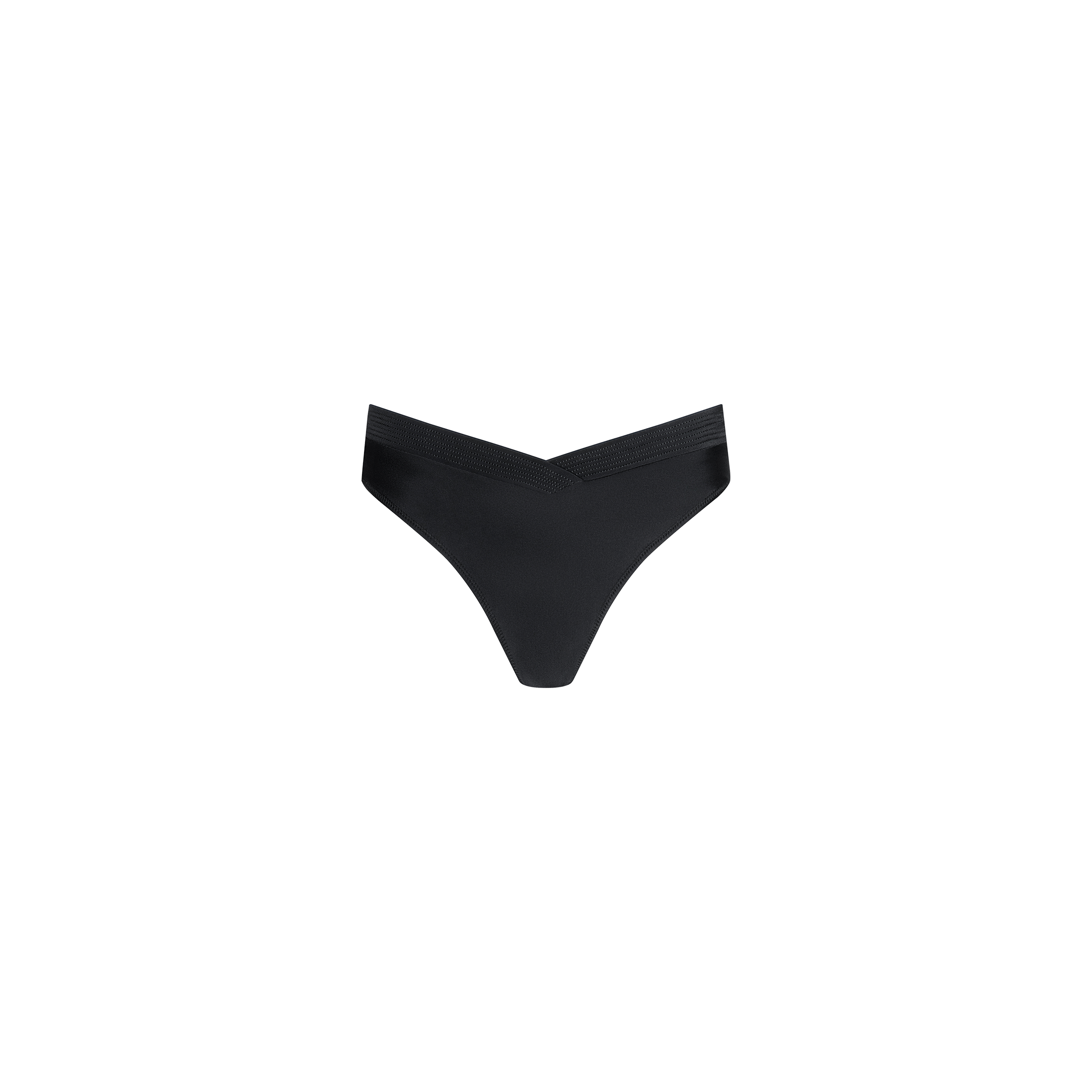 Ashleigh Bikini Bottom in black, featuring trapunto stitching and a V-shaped waistband, displayed on a plain white background.