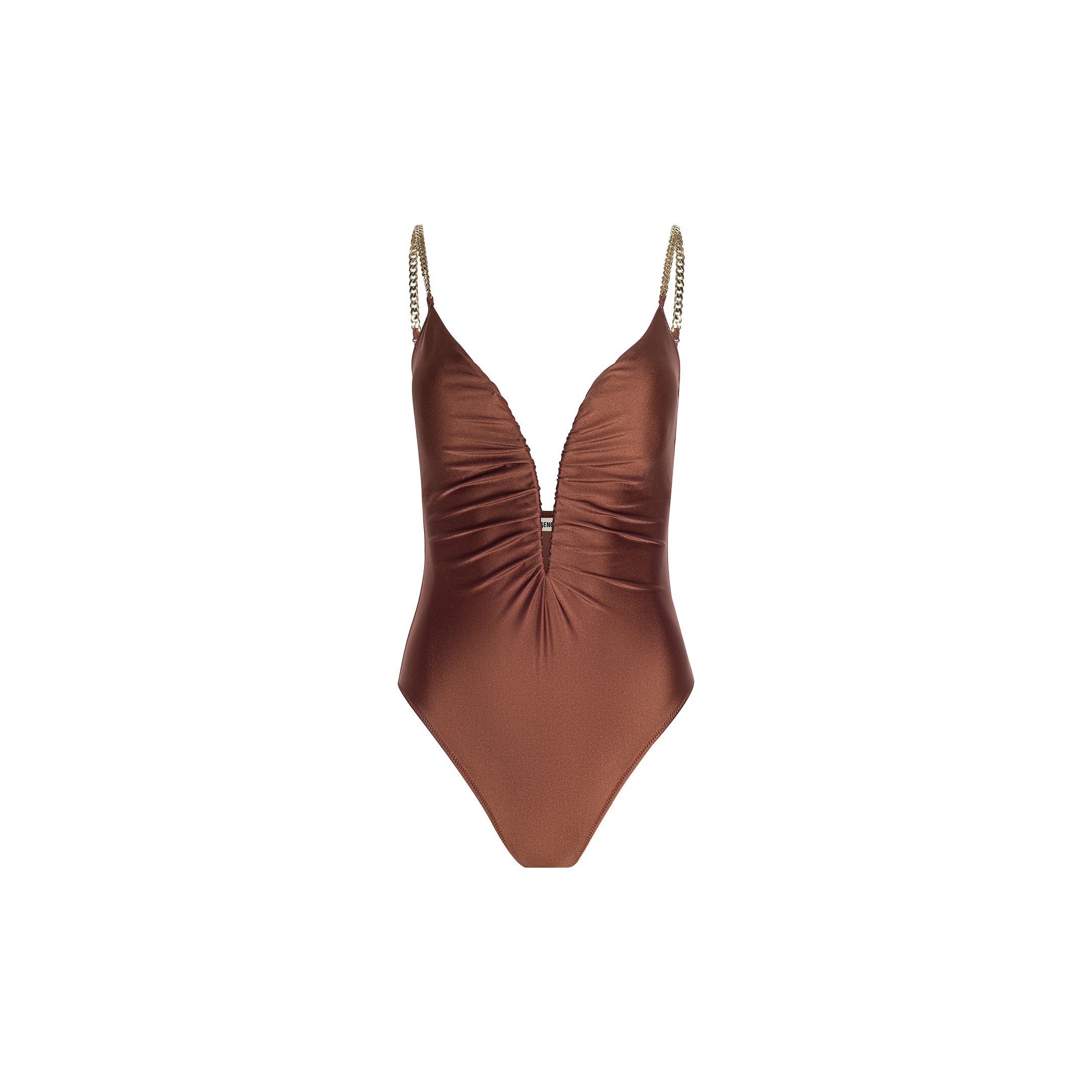 The Lilou One-Piece Swimsuit in brown showcases a deep v-wire plunge neckline, ruched front detailing, a high-leg cut, and gold chain shoulder straps, displayed on a plain white background.
