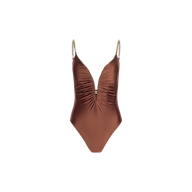 The Lilou One-Piece Swimsuit in brown showcases a deep v-wire plunge neckline, ruched front detailing, a high-leg cut, and gold chain shoulder straps, displayed on a plain white background.