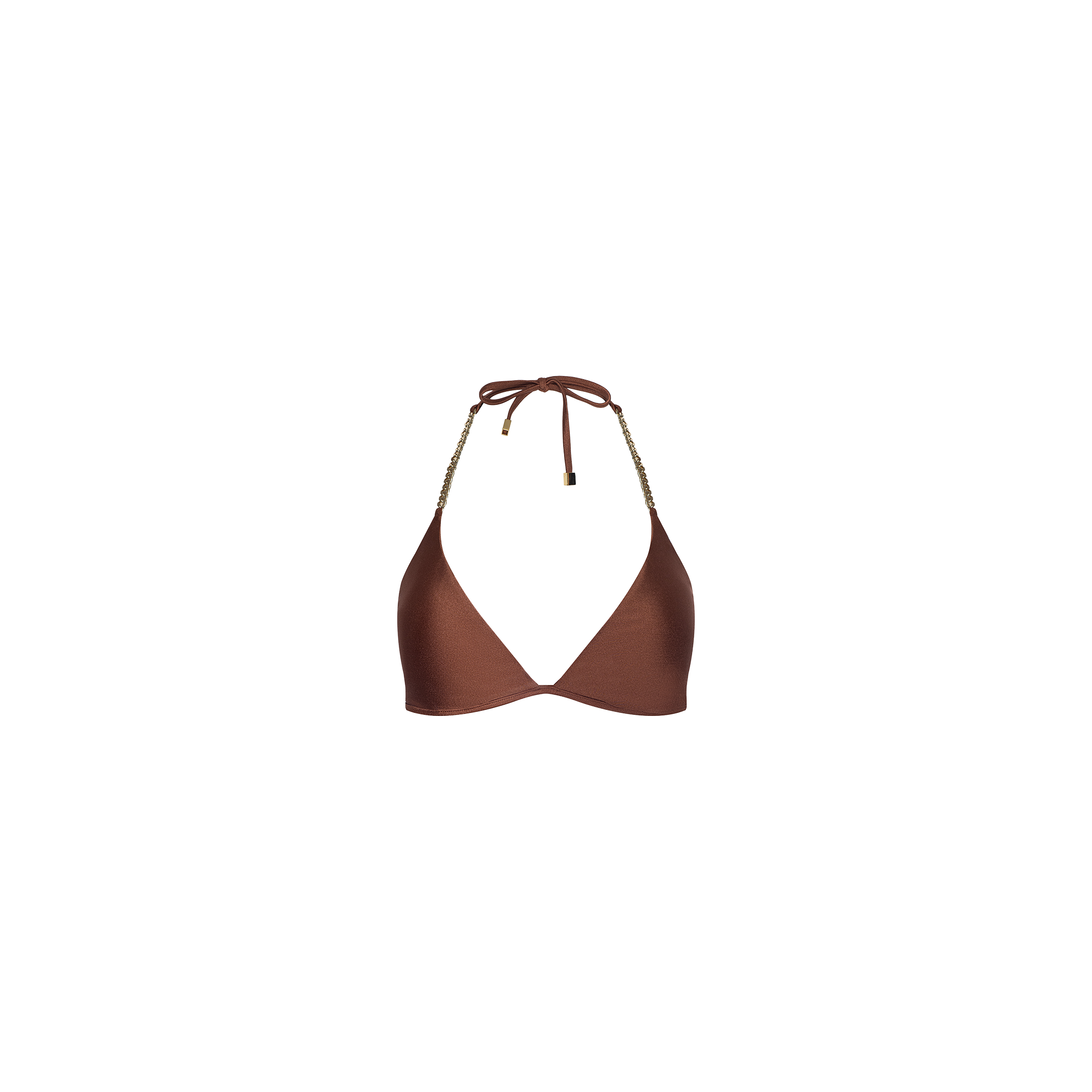Annabelle Triangle Bikini Top in bronze, featuring a halter neck and luxe hardware chain strap details, displayed on a plain white background.