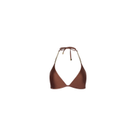 Annabelle Triangle Bikini Top in bronze, featuring a halter neck and luxe hardware chain strap details, displayed on a plain white background.