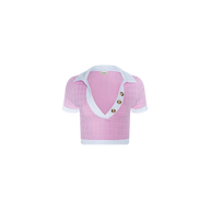 The Anastasia Cropped Rashguard is a pink short-sleeve polo top featuring a deep V-neck, white collar and cuffs, and three large buttons on the right side of the neckline. Crafted from water-safe bouclé fabric, it is displayed against a plain white background.