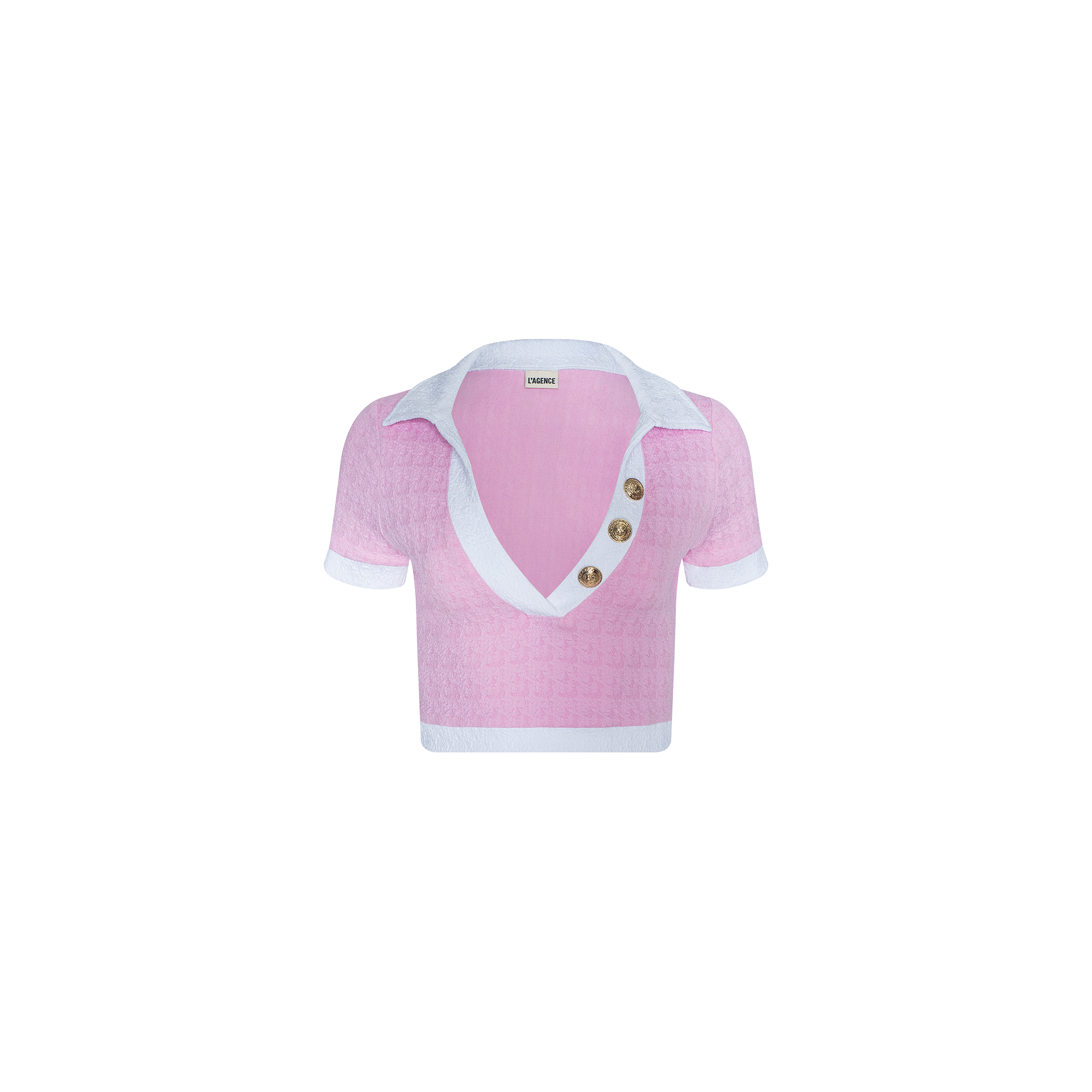 The Anastasia Cropped Rashguard is a pink short-sleeve polo top featuring a deep V-neck, white collar and cuffs, and three large buttons on the right side of the neckline. Crafted from water-safe bouclé fabric, it is displayed against a plain white background.
