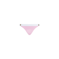 The Jean Bikini Bottom is a pink, high-leg bikini bottom crafted from textured bouclé fabric, featuring a white waistband and gold button details at each side, showcased against a plain white background.