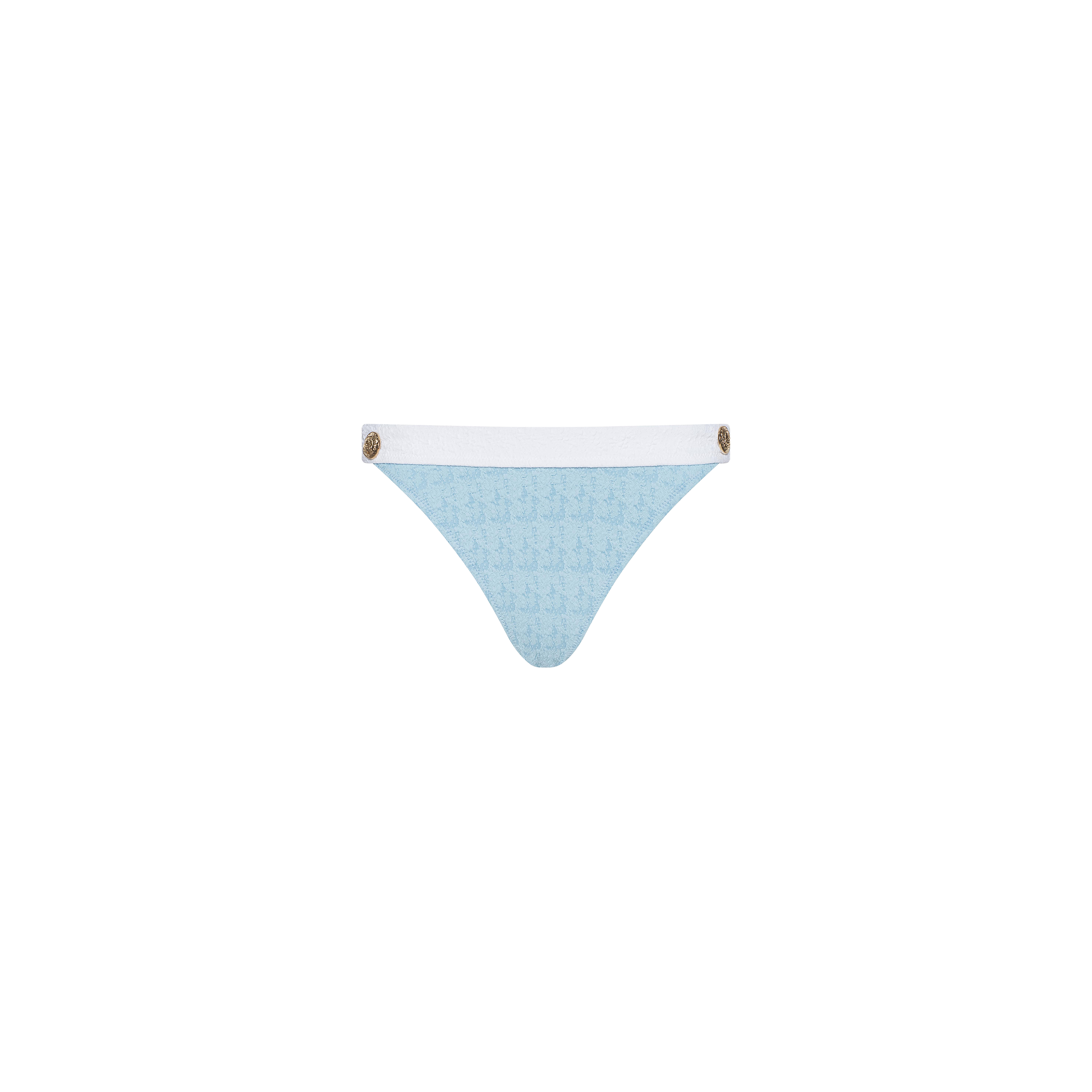 Introducing the Jean Bikini Bottom—a light blue textured bouclé swimwear piece featuring a white waistband and gold accent buttons on each side, designed with a high-leg cut and showcased against a plain white background.