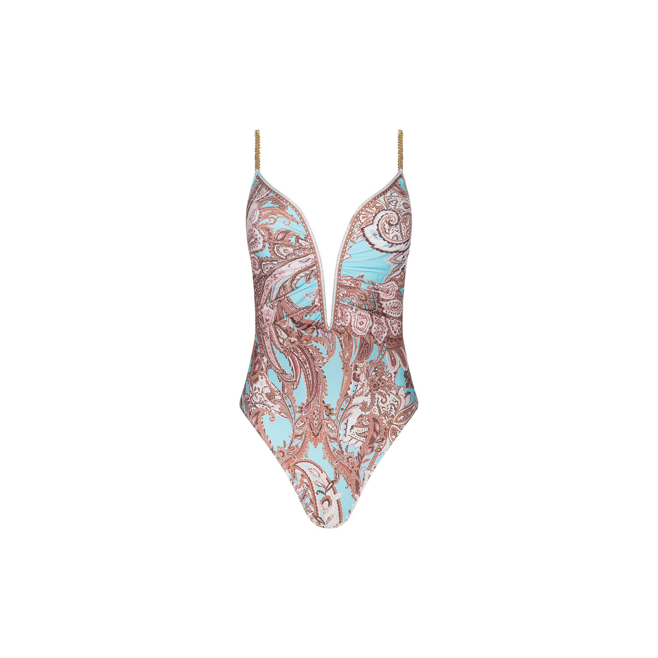 Lilou One-Piece Swimsuit with brass-chain straps, showcasing a light blue and brown paisley pattern and a deep V-neckline, displayed against a plain white background.