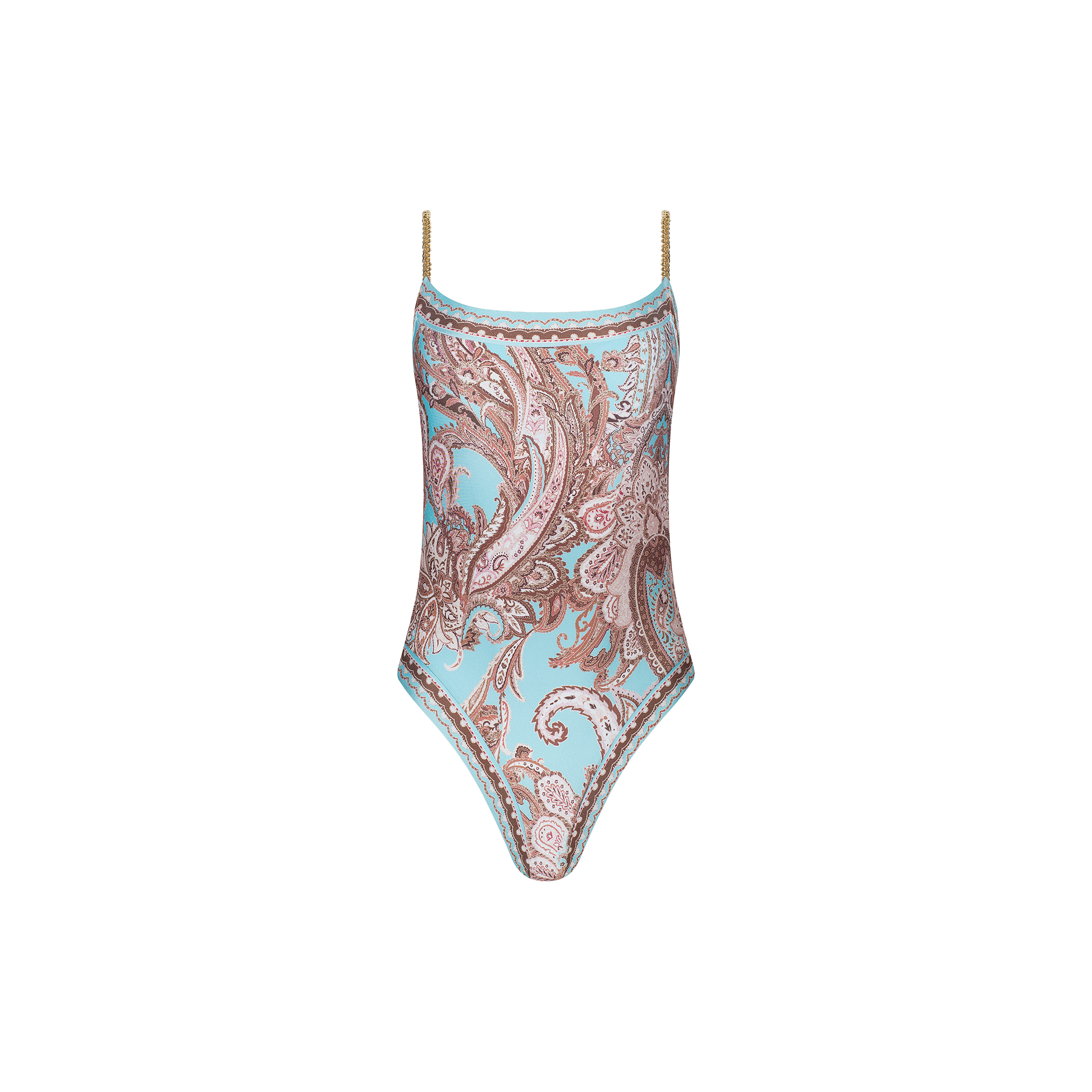 The Remi One-Piece Swimsuit features thin gold chain straps and a light blue and brown paisley print, displayed against a plain white background.