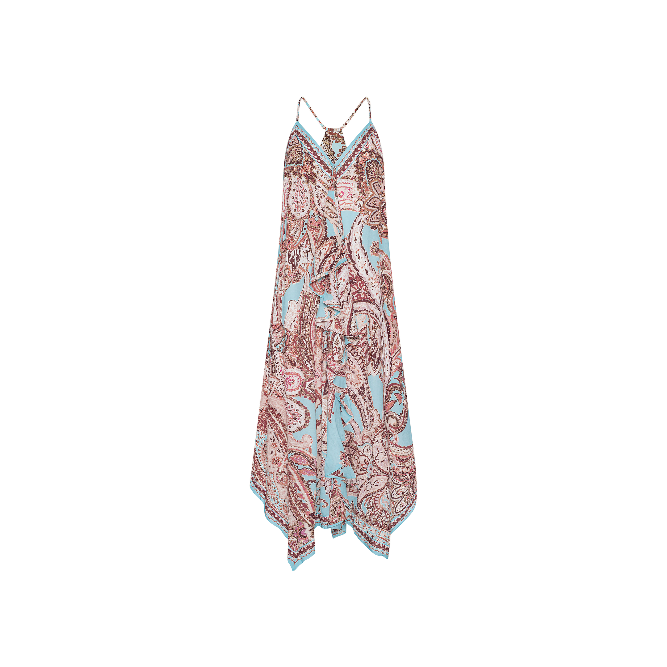 The Elise Cover-Up Dress is a sleeveless, V-neck halter midi dress with thin straps and a handkerchief hem, crafted from lightweight, water-safe crepe fabric in a pink and blue paisley print.