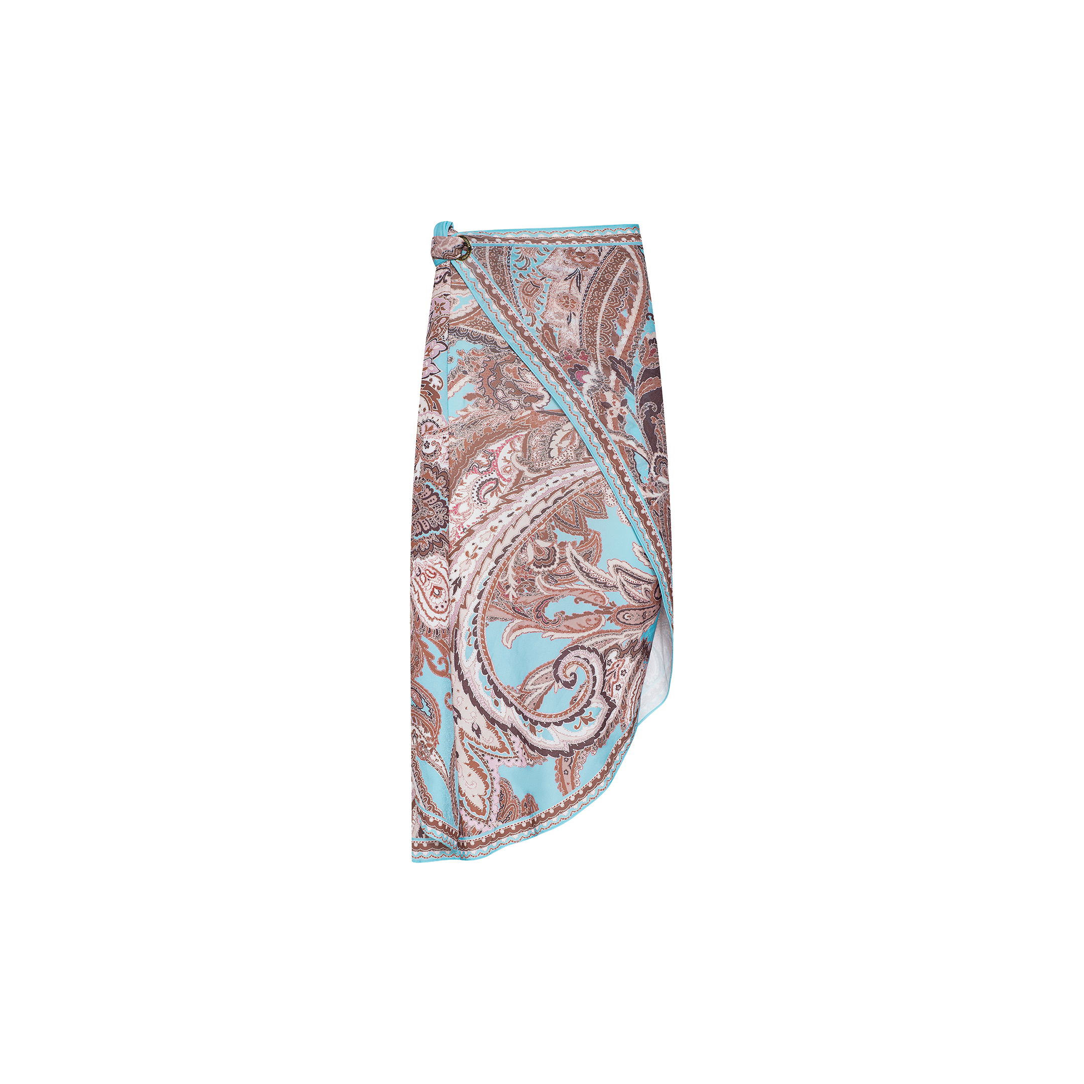 The Marena Sarong is an asymmetrical wrap skirt showcasing a blue and brown paisley pattern, designed with a high-low hemline and a knotted waist detail—ideal as an elegant swimwear cover-up or for effortless beachside sophistication.