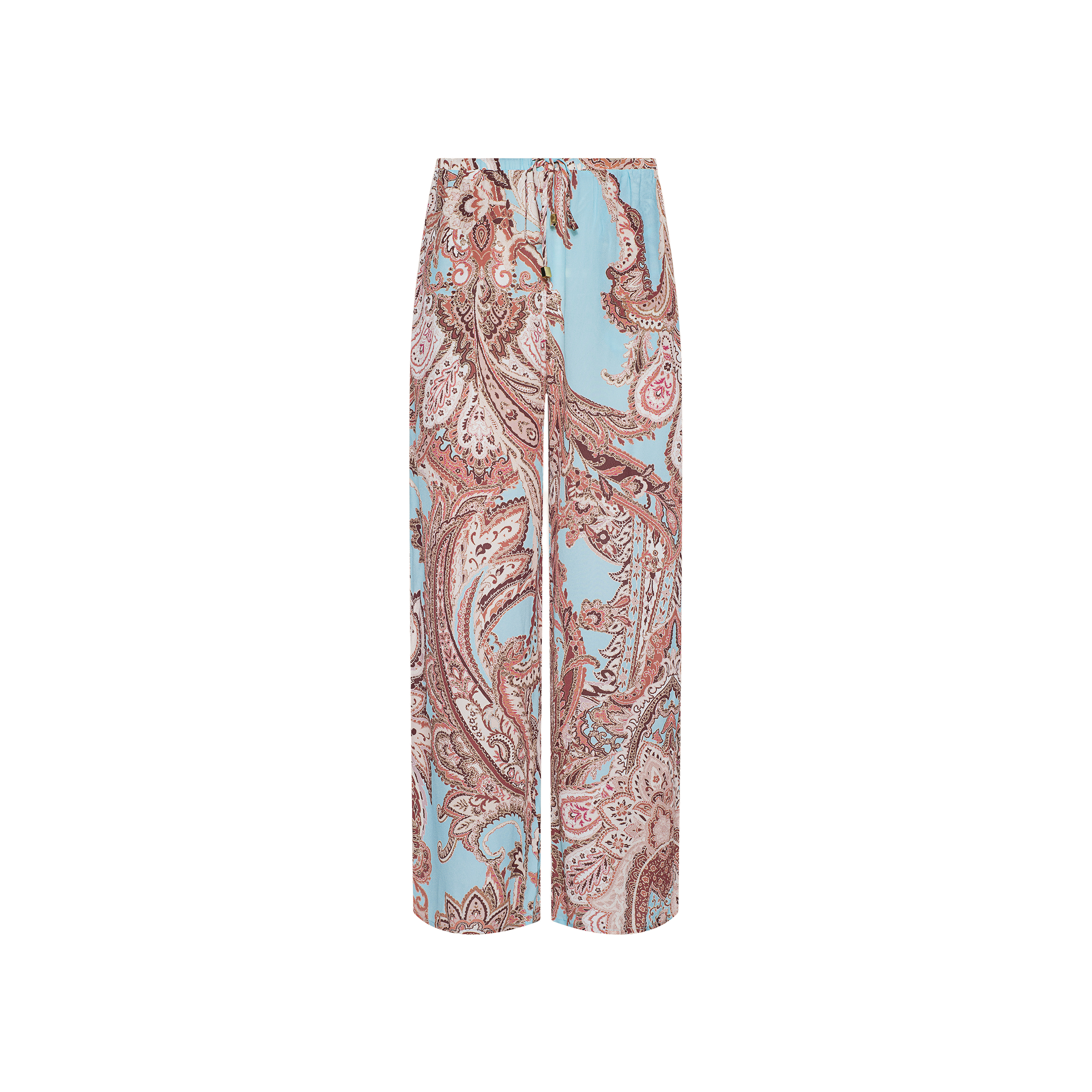 The Geraldine Cover-Up Pant showcases a relaxed wide-leg silhouette with an intricate brown paisley print on a light blue background, displayed against a plain white backdrop—perfect for resort wear.