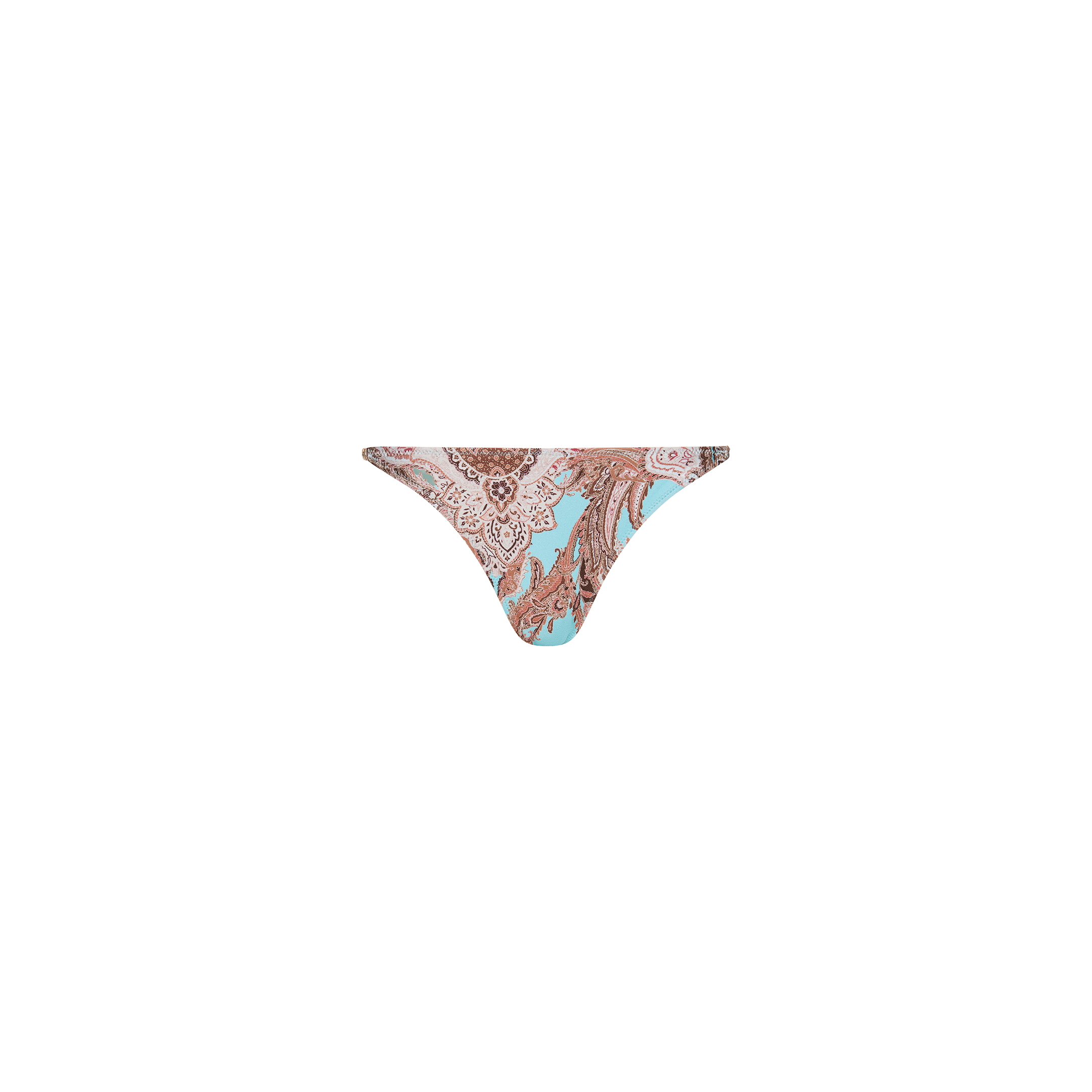 The Violet String Bikini Bottom features a brown and white paisley pattern on a light blue background, crafted in a classic string bikini style with UPF 50 swimwear protection, and is displayed on a plain white surface.