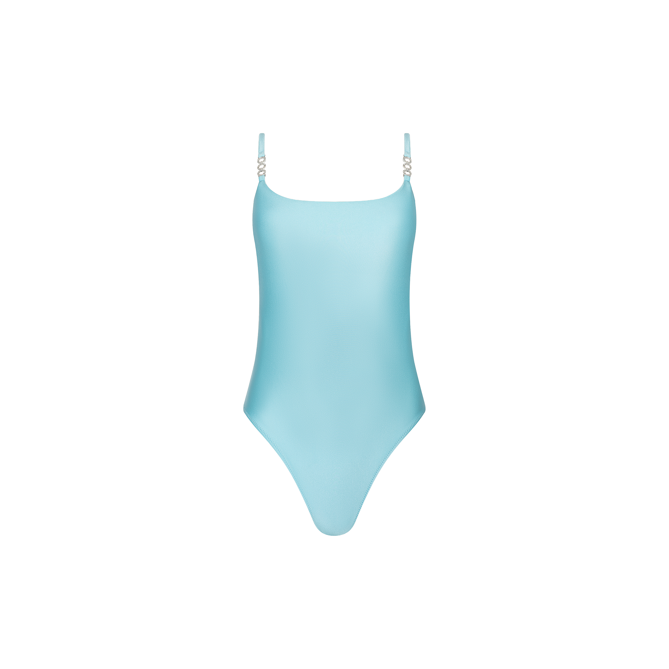 The Remi One-Piece Swimsuit in light blue features a high-leg cut and thin adjustable shoulder straps adorned with small white bead accents. This UPF 50 swimsuit is showcased against a plain white background.
