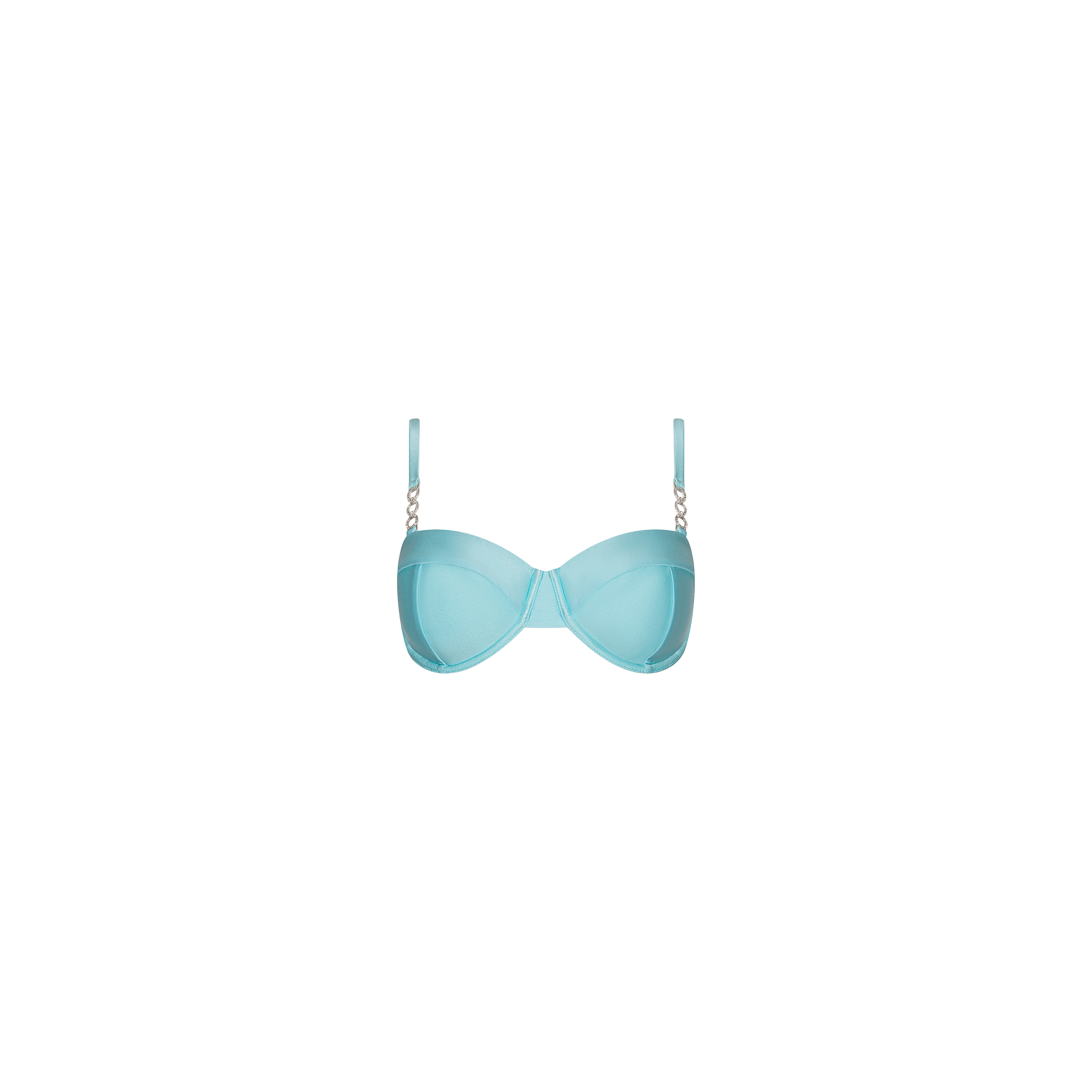 The Alexandria Bikini Top is a light blue balconette style featuring molded cups and gold chain details on the straps, displayed on a white background.