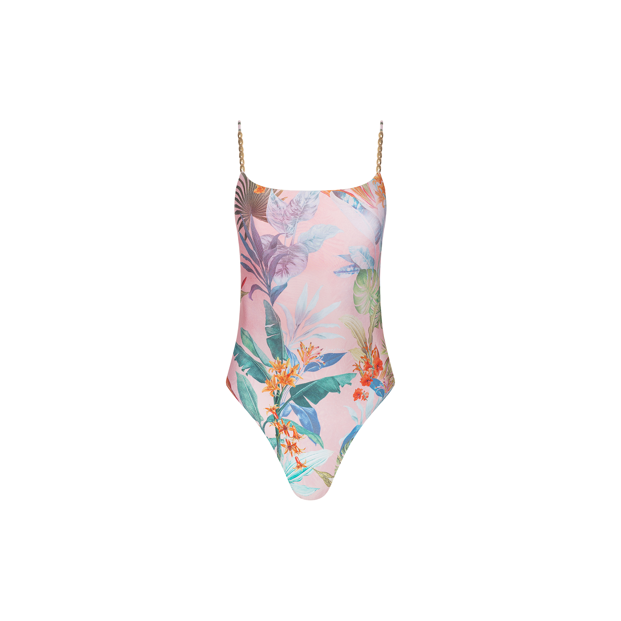 Introducing the Remi One-Piece Swimsuit—a flattering high-leg maillot featuring a pastel pink base adorned with vibrant palm leaf and flower prints, accented by thin gold chain shoulder straps.