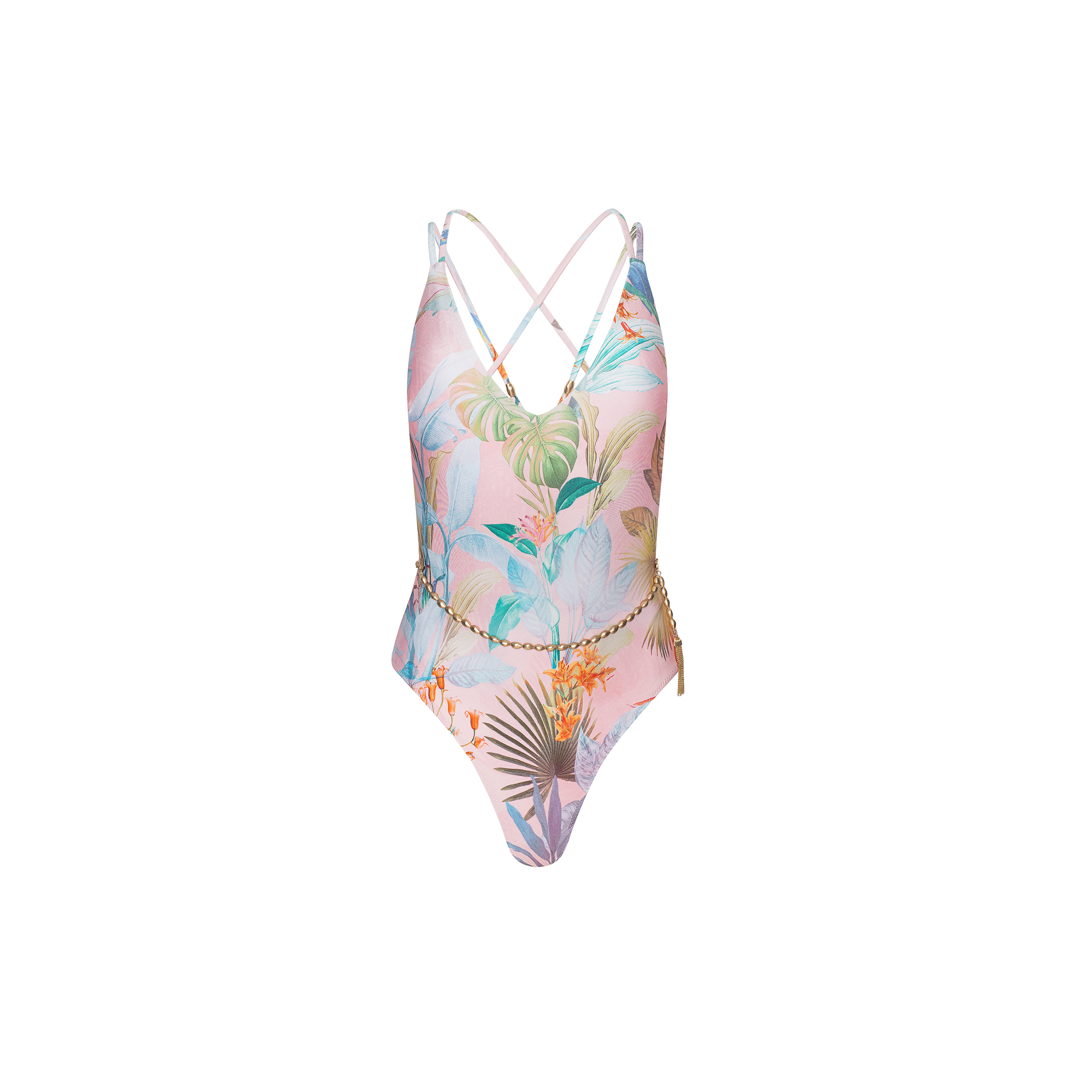 The Breana Plunge One-Piece Swimsuit features a pastel tropical palm print, thin crisscross back straps, and a decorative gold chain belt at the waist. Displayed against a plain white background, this stylish swimsuit offers UPF 50 protection for enhanced sun safety.