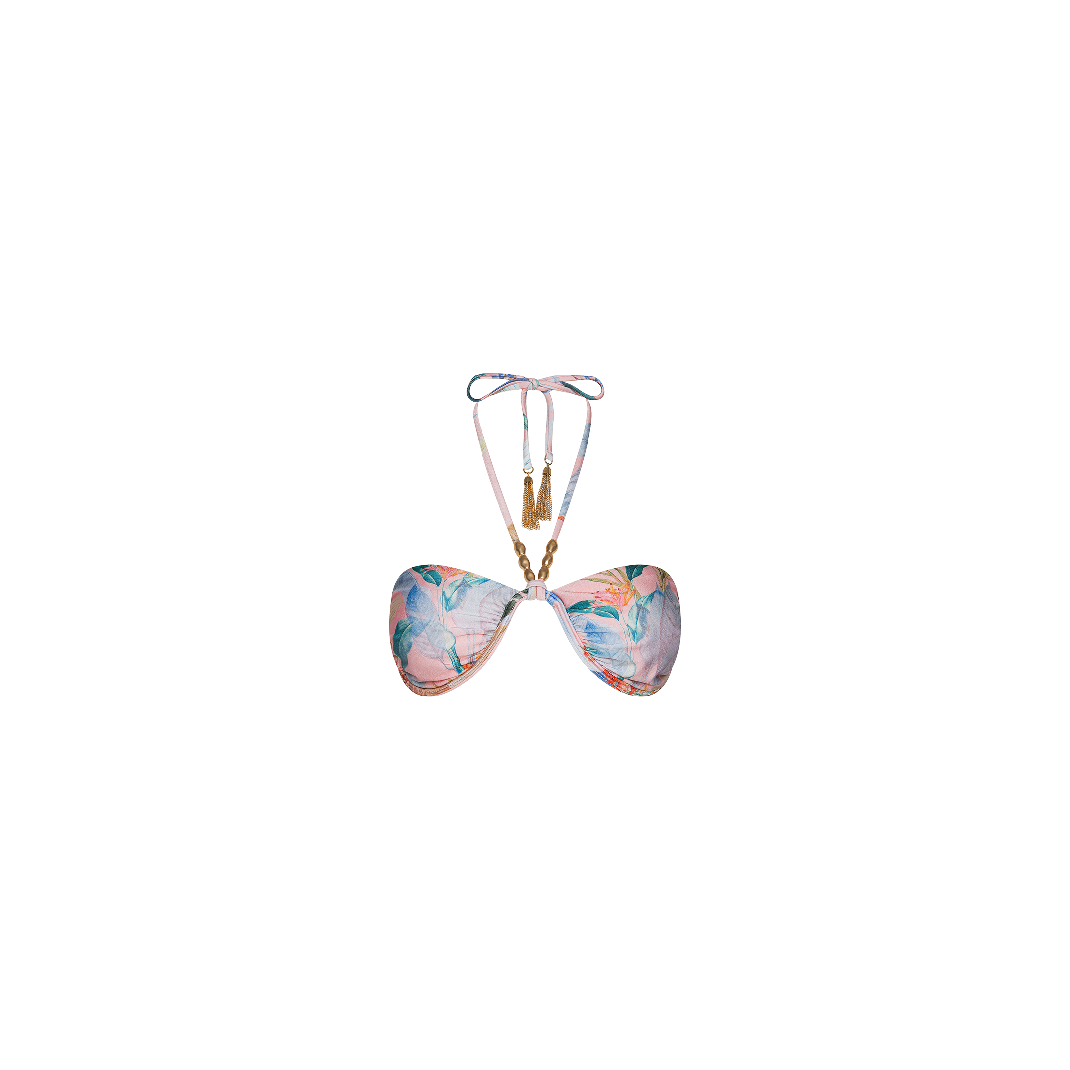 The Suki Halter Bikini Top, featuring gold accents and a halter neck tie, is showcased on a plain white background.