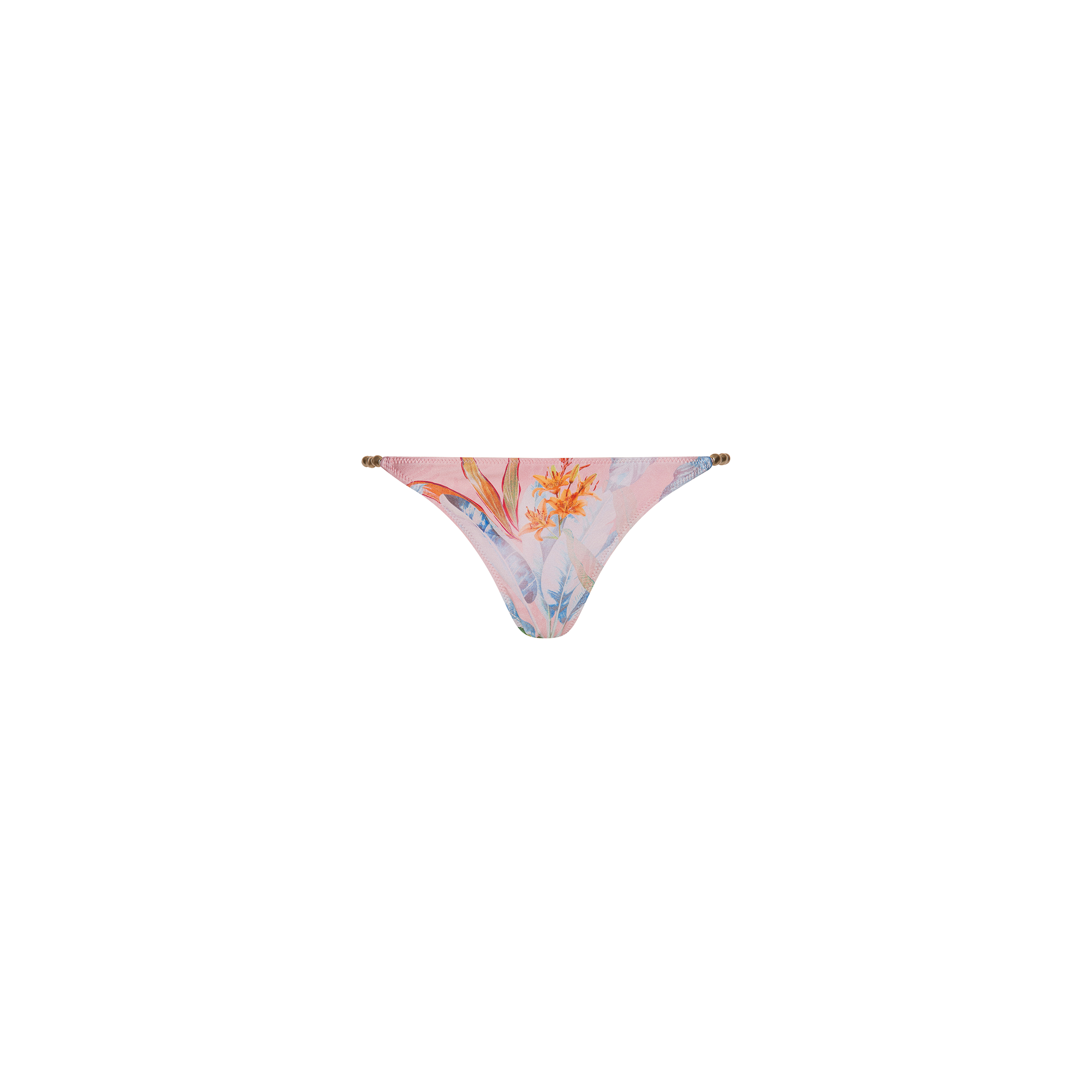 Violet String Bikini Bottom with a floral print featuring orange and blue flowers, displayed on a plain white background.