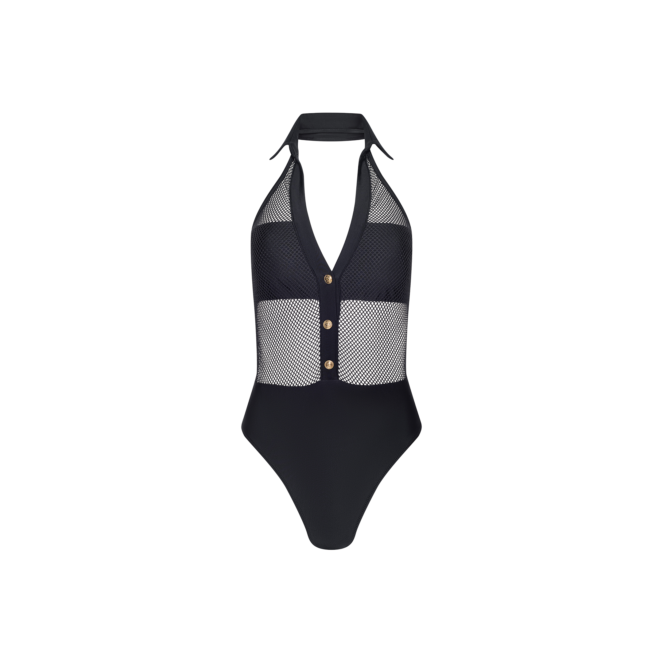 The Natalya Collared One-Piece Swimsuit features a halter-neck design with a deep V neckline, mesh panels on the torso, three buttons down the front, and solid black fabric on the lower half.