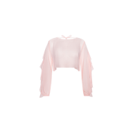 The Ambala Cover-Up Top is a light pink, long-sleeve crop top featuring ruffled sleeve details and a tie at the back neck, crafted from sheer mesh in a cropped silhouette and shown on a plain white background.