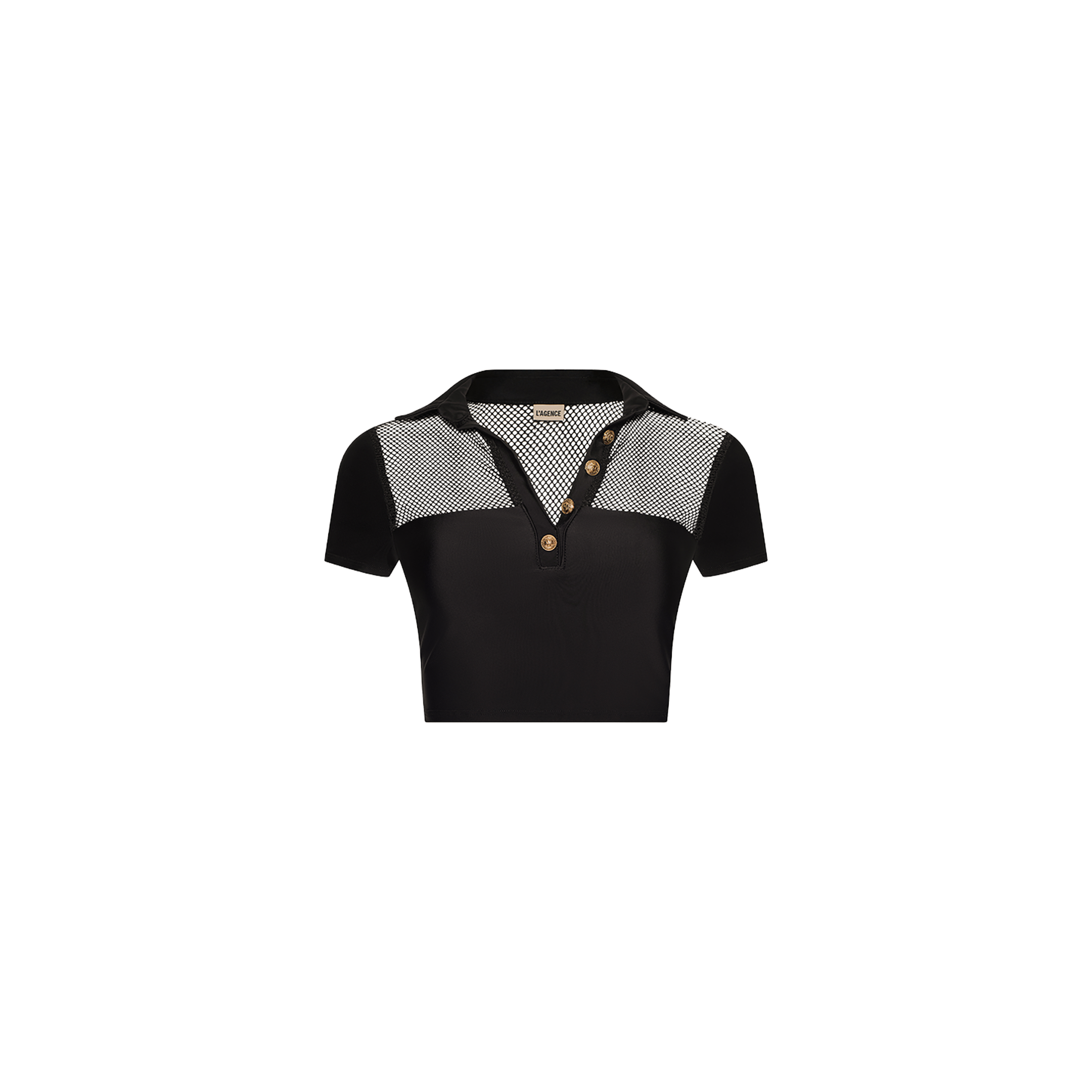 The Anastasia Swim Top is a black short-sleeve polo featuring a collar, three brown buttons, and black-and-white checkered panels on the shoulders and upper chest, adding a touch of beachside sophistication to your wardrobe.