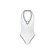 Introducing the Breana Plunge One-Piece Swimsuit: a sophisticated white one-piece designed with a deep plunge neckline, striking black trim along the edges, and a tasteful gold accent at the center front. This halter neck style combines elegance with modern flair and offers UPF 50 protection—perfect for those seeking stylish sun-safe swimwear.