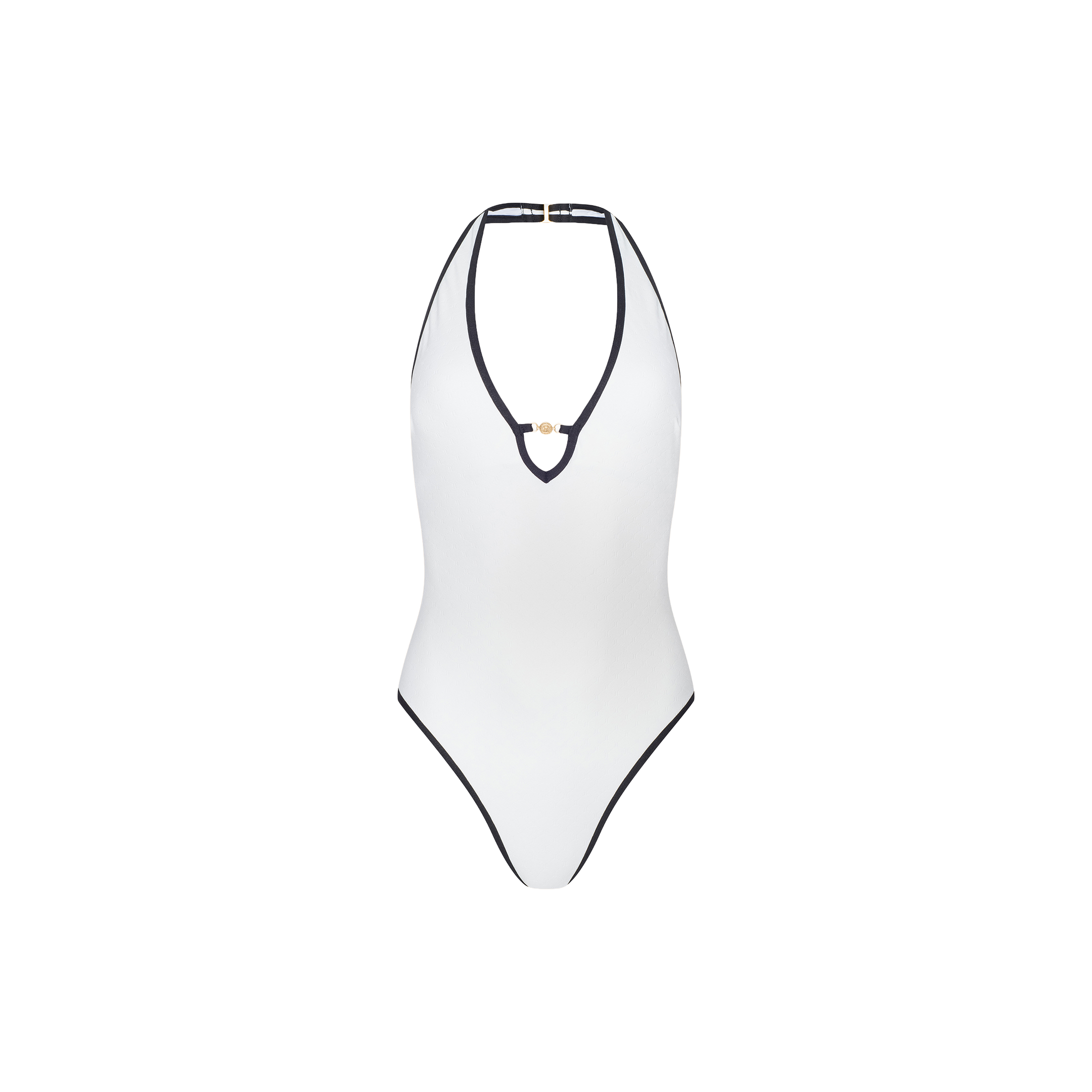 Introducing the Breana Plunge One-Piece Swimsuit: a sophisticated white one-piece designed with a deep plunge neckline, striking black trim along the edges, and a tasteful gold accent at the center front. This halter neck style combines elegance with modern flair and offers UPF 50 protection—perfect for those seeking stylish sun-safe swimwear.