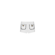 The Amiya Cover-Up Short features white terrycloth fabric with two front pockets, each accented by black trim and a decorative gold button. Designed in a clean, minimalistic hot short style, these shorts are perfect for poolside lounging and are showcased against a plain white background.