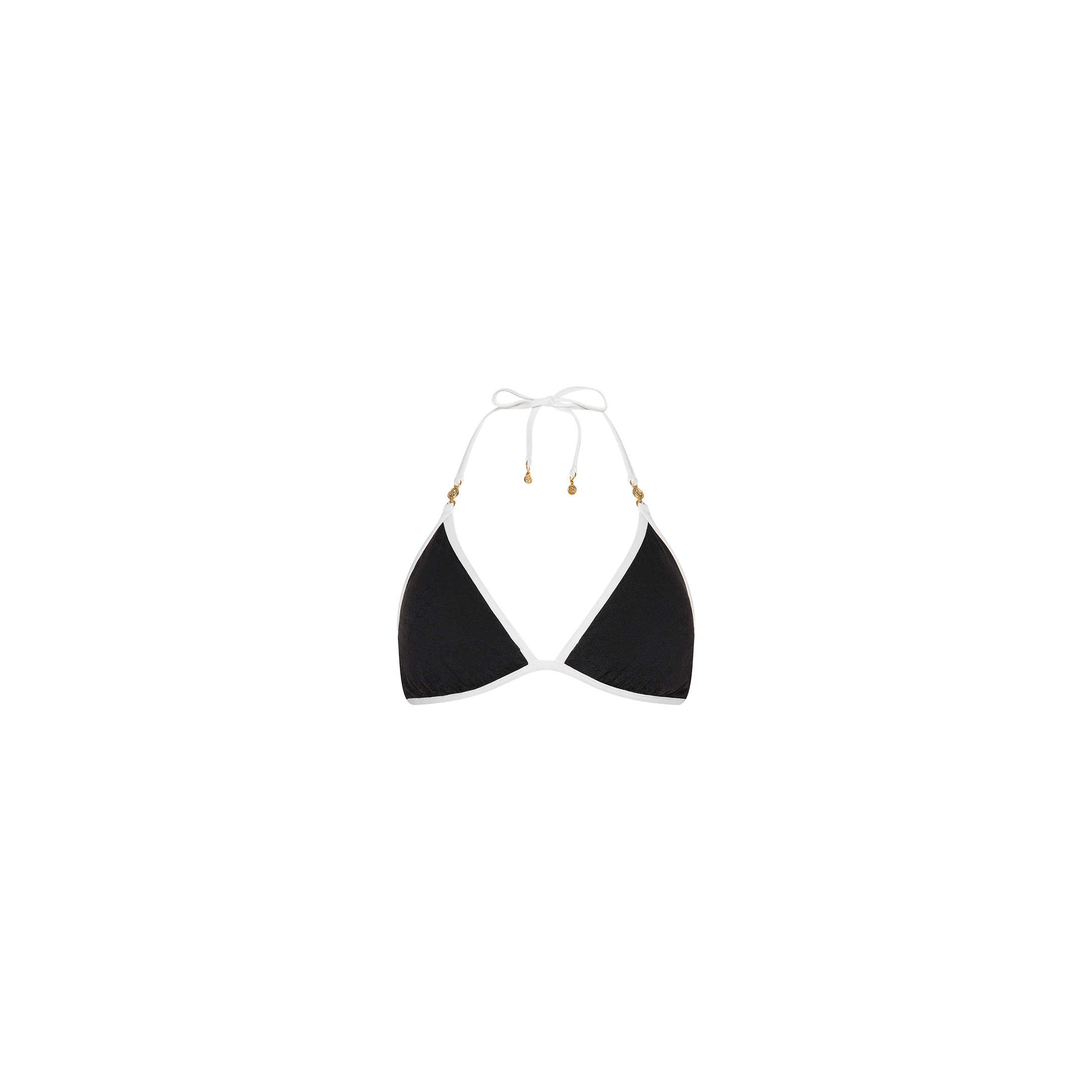 The Annabelle Bikini Top is a black triangle bikini top with a halter neck tie and gold embellishments at the ends of the strings, designed for an adjustable fit and shown against a plain white background.