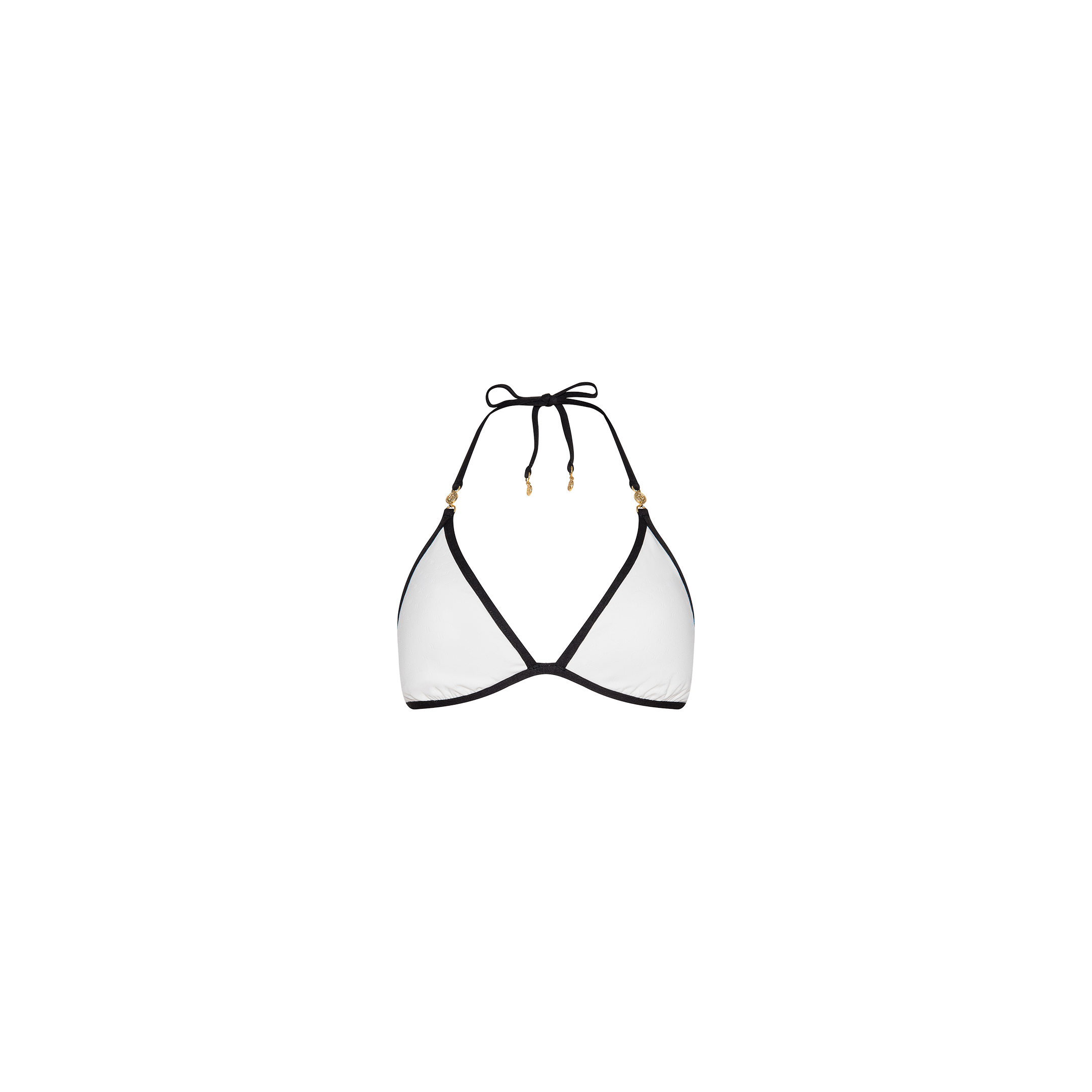 The Annabelle Bikini Top features a white triangle silhouette with black trim and adjustable string ties at the neck and back, ensuring a customizable fit. It is displayed on a plain white background.