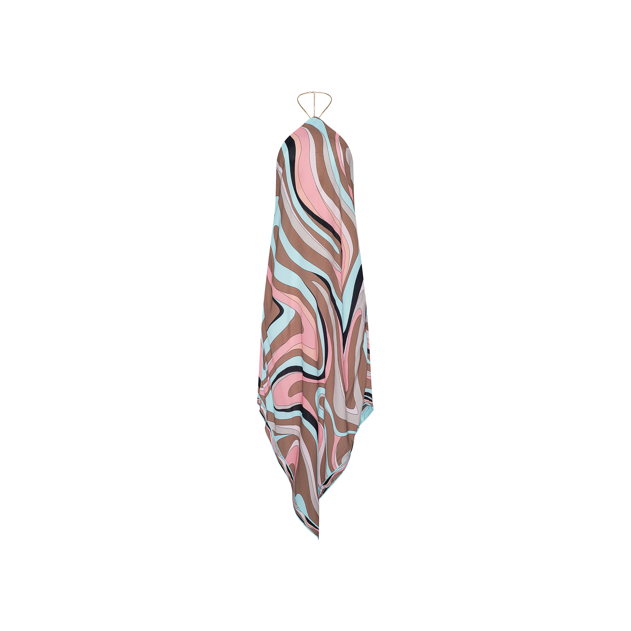 A multicolored patterned Elise Cover-Up Dress featuring an abstract swirl print in pink, brown, beige, and light blue lines, crafted from water-safe crepe and displayed against a plain white background.