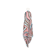 A multicolored patterned Elise Cover-Up Dress featuring an abstract swirl print in pink, brown, beige, and light blue lines, crafted from water-safe crepe and displayed against a plain white background.
