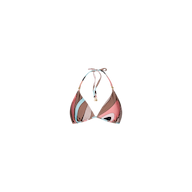 The Annabelle Bikini Top showcases a vibrant abstract swirl print in pink, brown, teal, and beige tones. Designed with gold bead accents on the straps and a classic triangle silhouette, this halter bikini top is crafted from UPF 50 stretch nylon. Displayed on a white background.