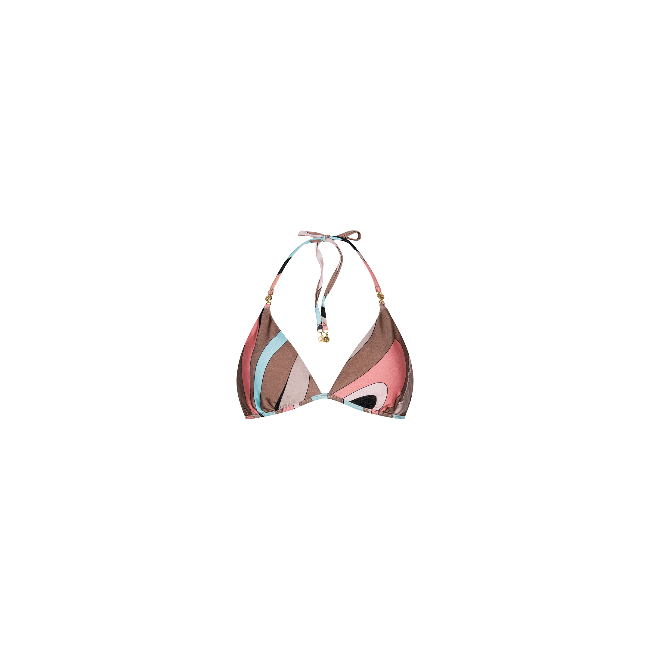 The Annabelle Bikini Top showcases a vibrant abstract swirl print in pink, brown, teal, and beige tones. Designed with gold bead accents on the straps and a classic triangle silhouette, this halter bikini top is crafted from UPF 50 stretch nylon. Displayed on a white background.