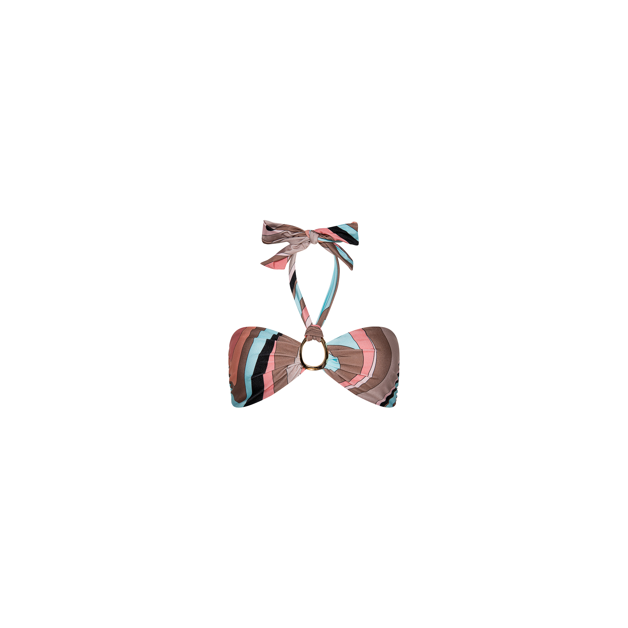 The Krysta Halter Bikini Top is a multicolored, striped halter bikini top featuring a central ring detail and an eye-catching abstract swirl print, displayed on a plain white background.