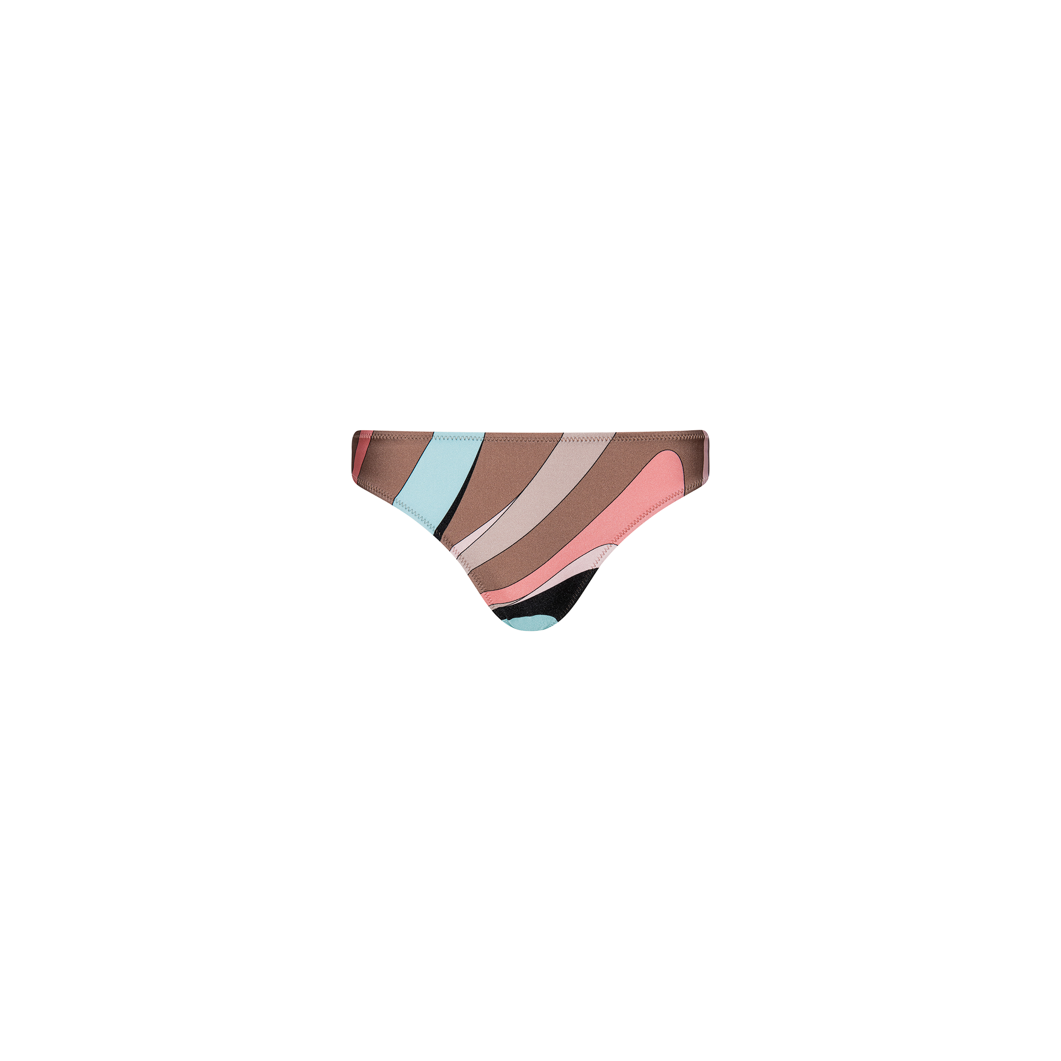 The Nicole Bikini Bottom features an abstract swirl print in shades of pink, brown, tan, black, and light blue on a white background. Made from stretch nylon with UPF 50 protection.
