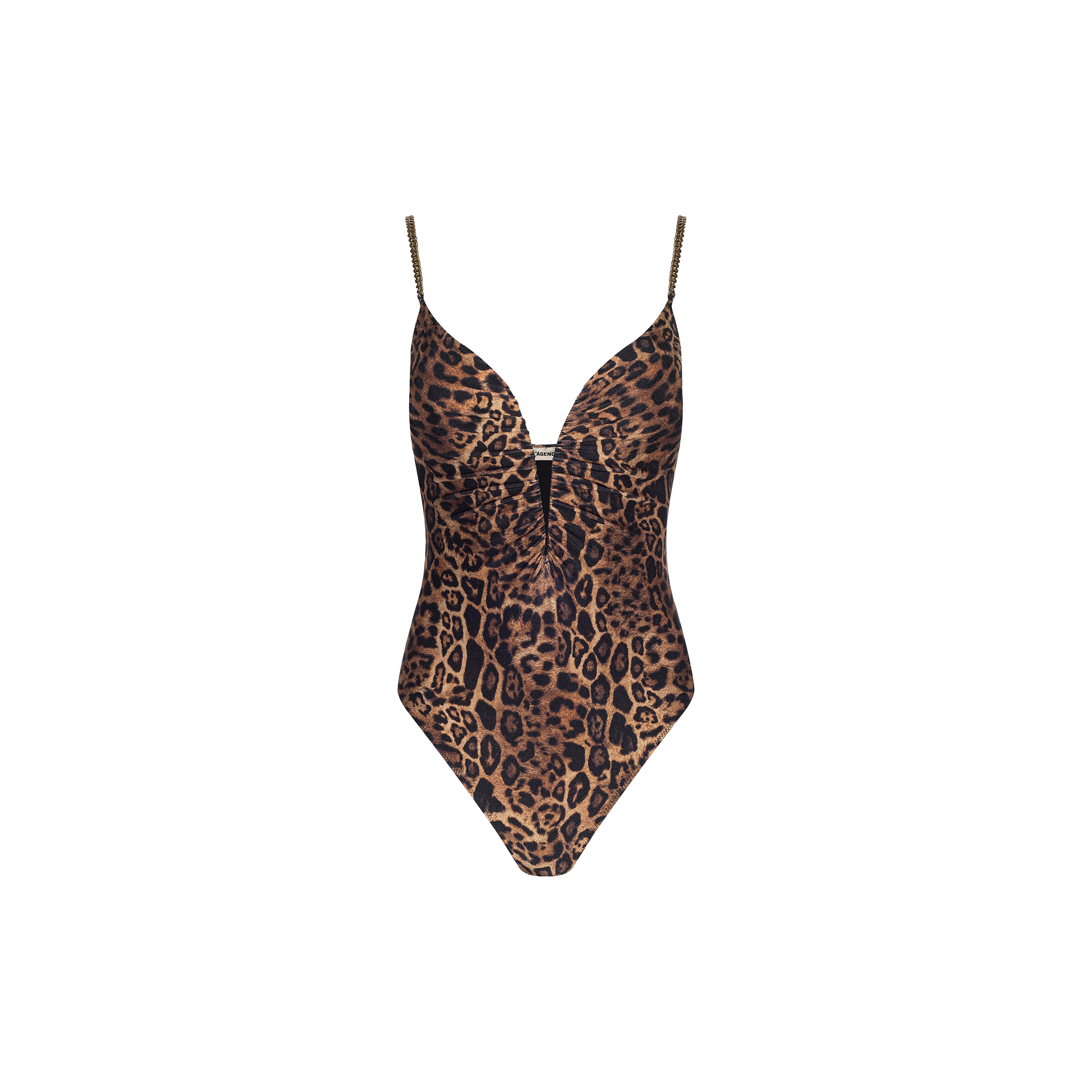 The Lilou One-Piece Swimsuit features a leopard print, thin straps, and a deep V neckline, styled as a chic bodysuit and showcased against a plain white background.