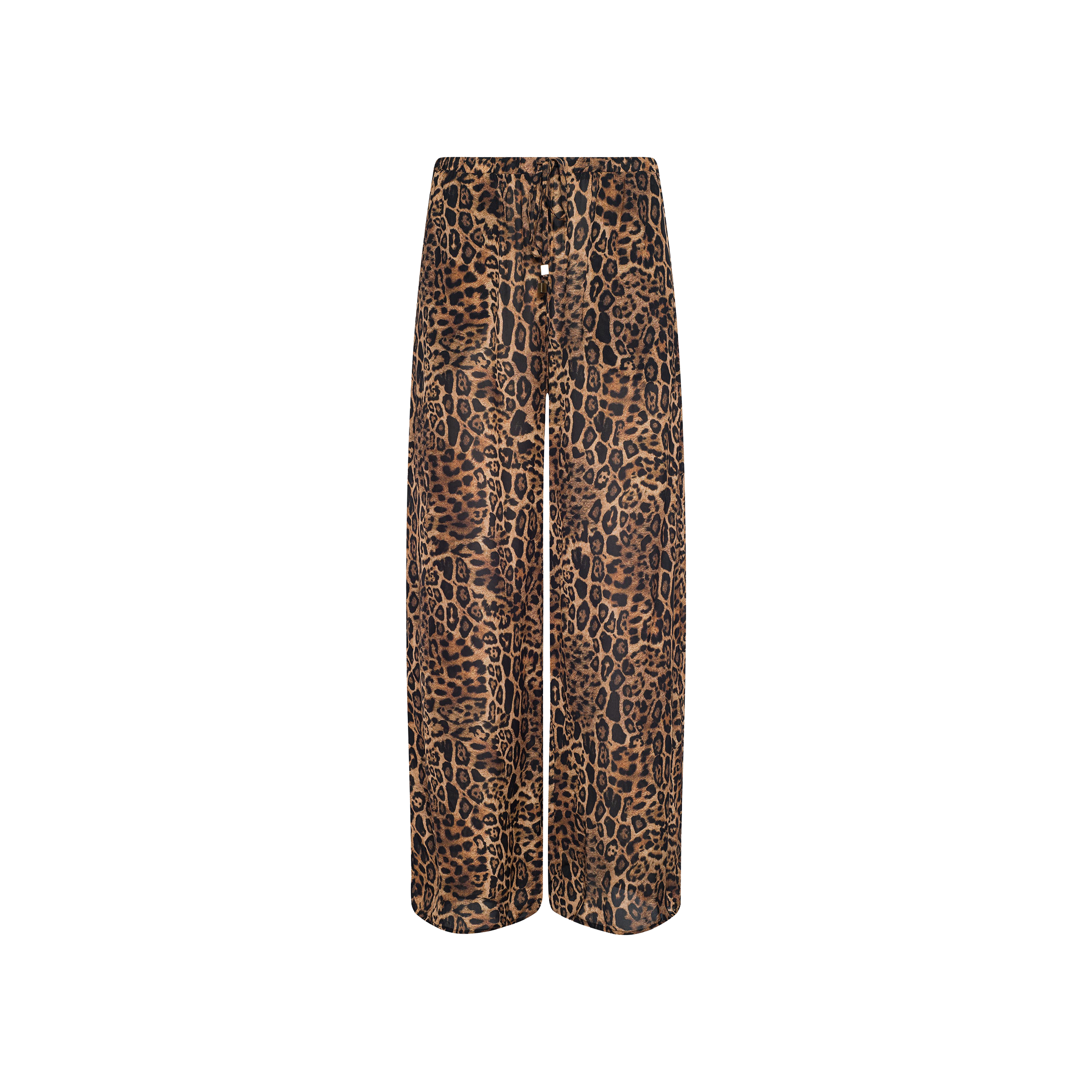 The Geraldine Cover-Up Pant showcases a bold brown and black leopard print in a wide-leg silhouette, designed with a comfortable pull-on fit and displayed against a crisp white background—ideal for resort wear.