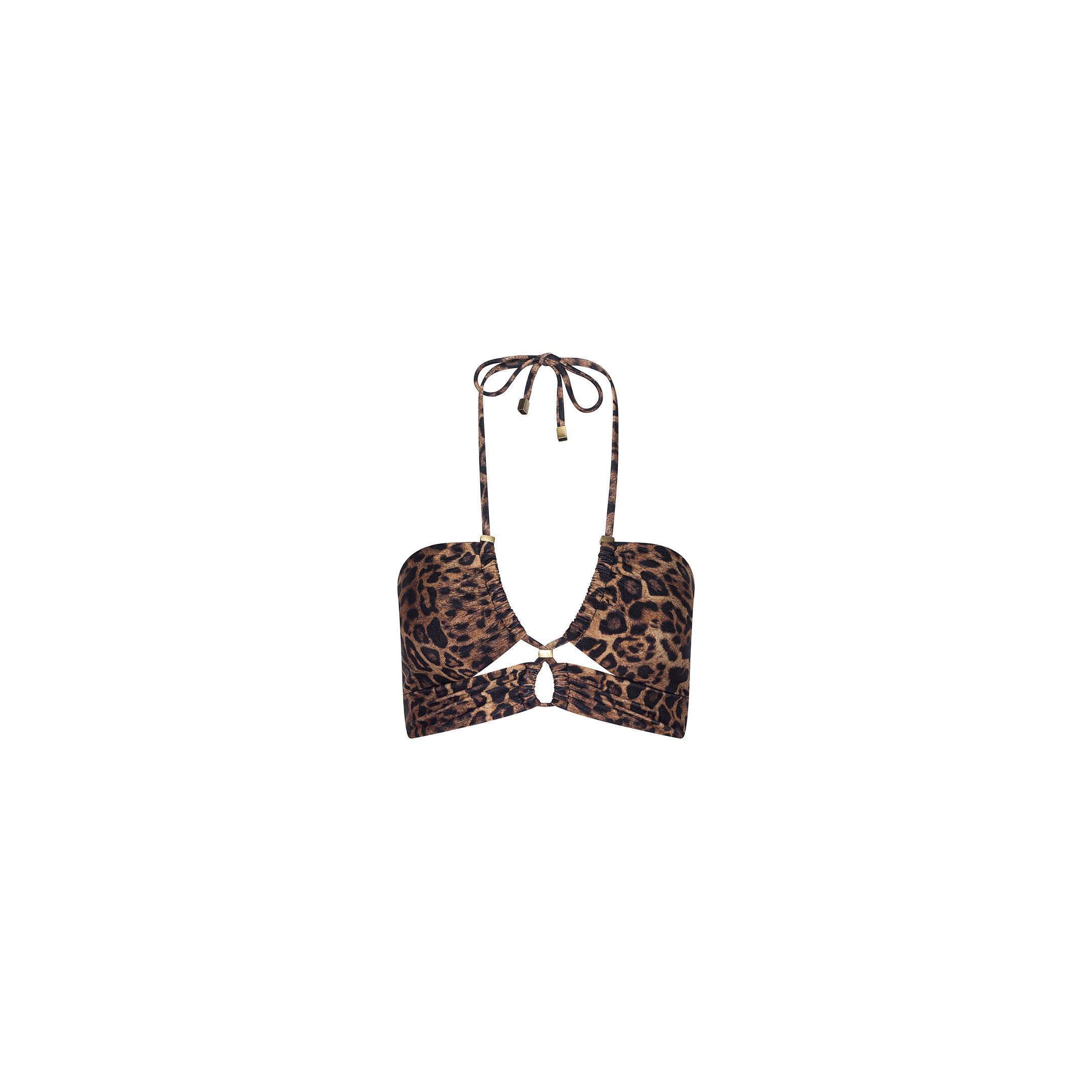 Sirena Halter Bikini Top with a leopard print design, featuring a halter neck tie and a small front keyhole cutout—perfect for adding bold style to your swimwear collection. Displayed on a plain white background.