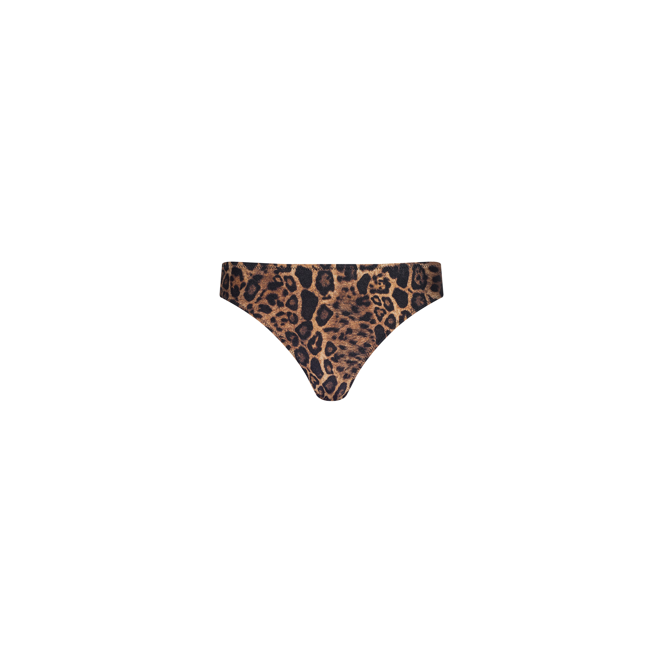 The Nicole Bikini Bottom features a leopard print design with a high-cut leg, crafted from four-way stretch nylon to provide a comfortable fit and moderate coverage, shown against a plain white background.