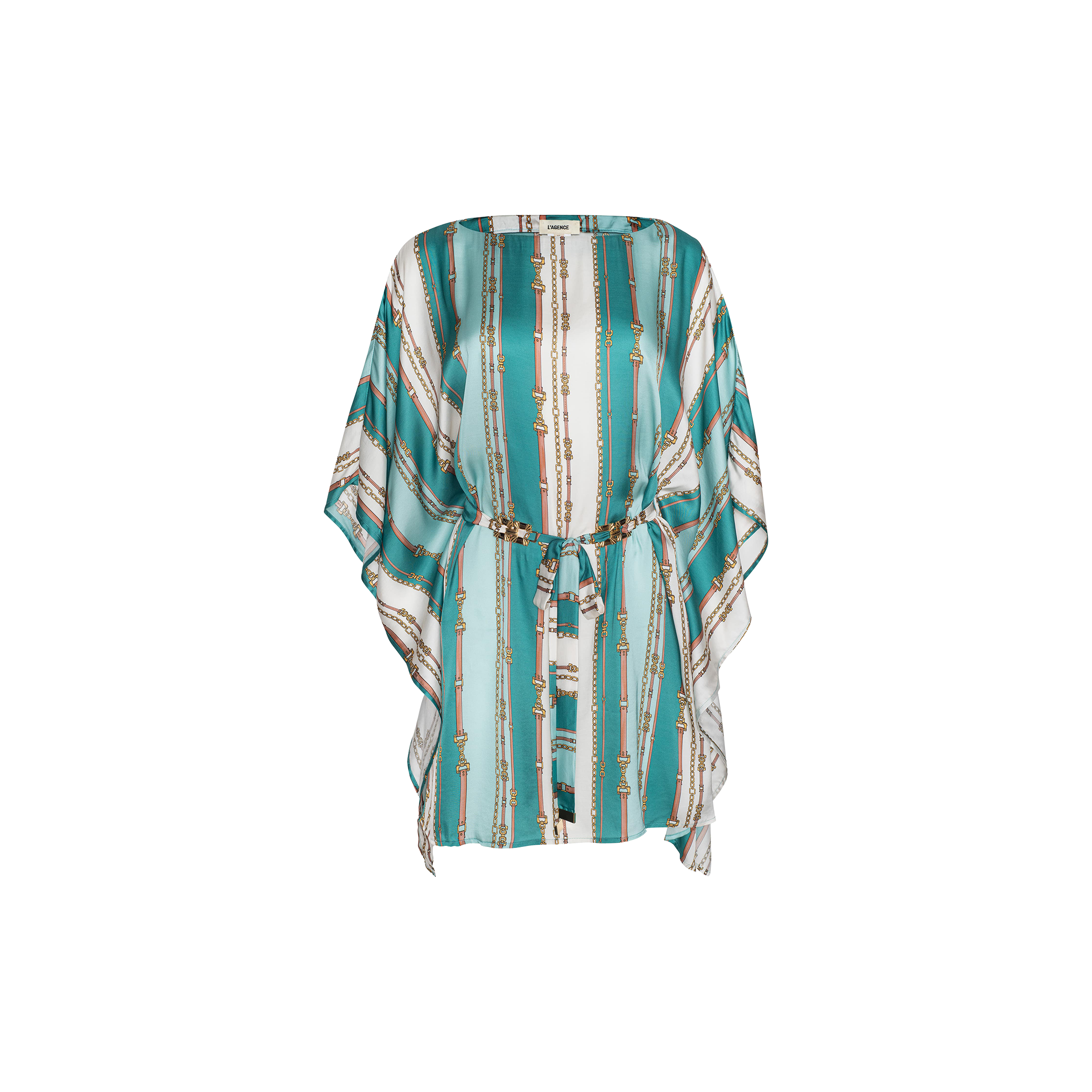 The Alia Cover-Up Tunic features a teal and white striped pattern with a gold chain print, kimono-style silhouette, and waist belt, shown on a plain white background.