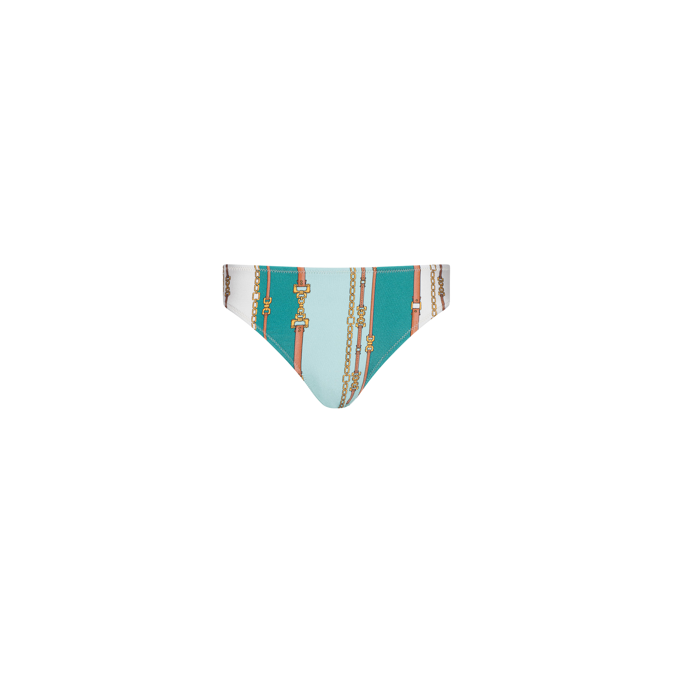 The Nicole Bikini Bottom is displayed against a plain white surface, showcasing a light blue and teal belt-stripe print with gold chain and belt designs on a white background.