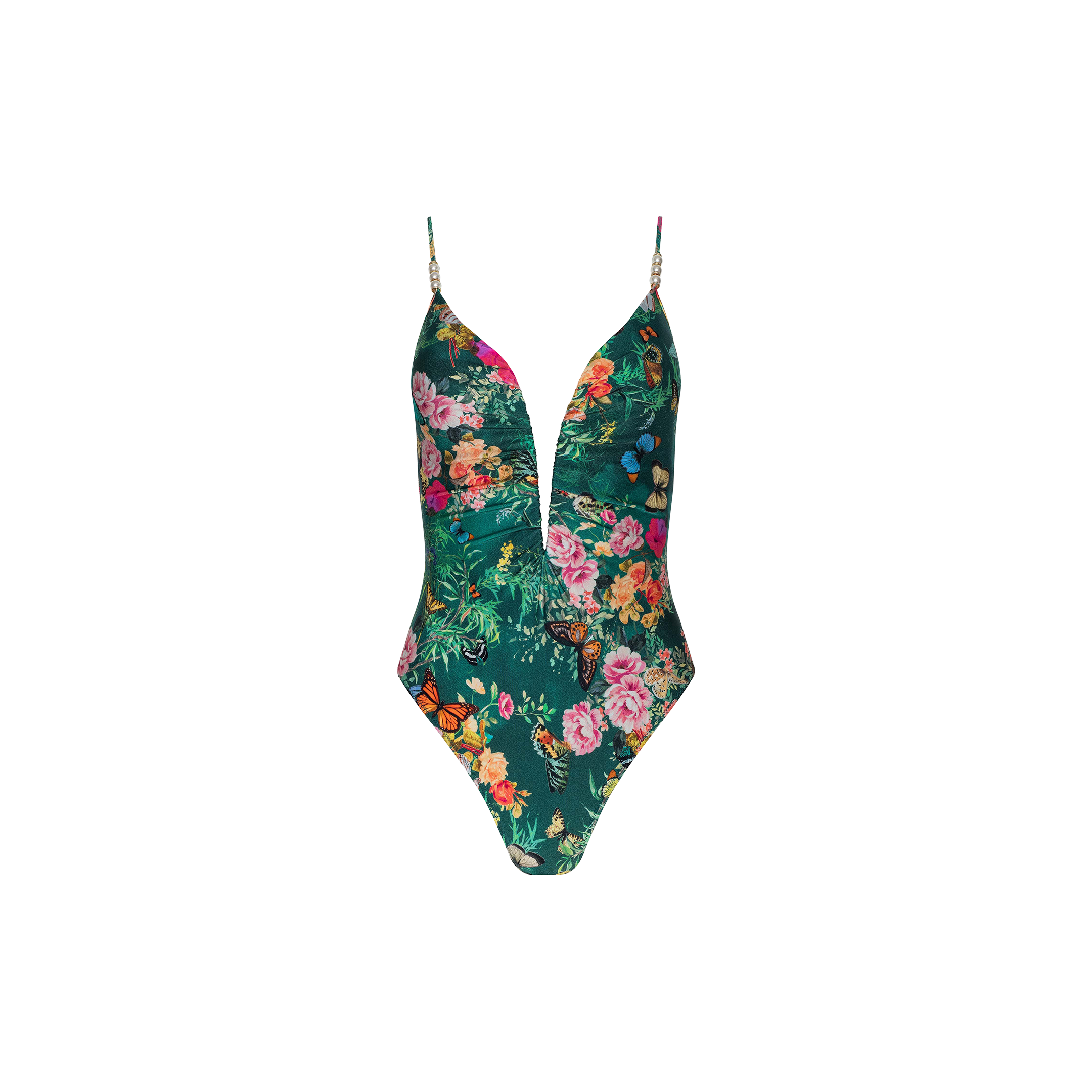 The Lilou One-Piece Swimsuit features a plunging V-wire neckline, thin straps, and a lively floral-butterfly print set against a green background.