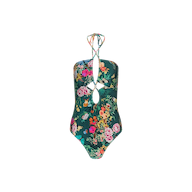 Shiva One-Piece Swimsuit in a vibrant butterfly floral print, featuring a halter neck tie and two front keyhole cutout openings on a plain white background.